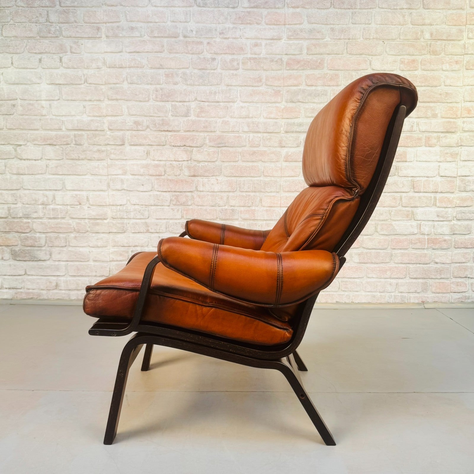 Vintage Danish High Back Armchair | Hand Dyed Tan Buffalo Leather | Beech Frame