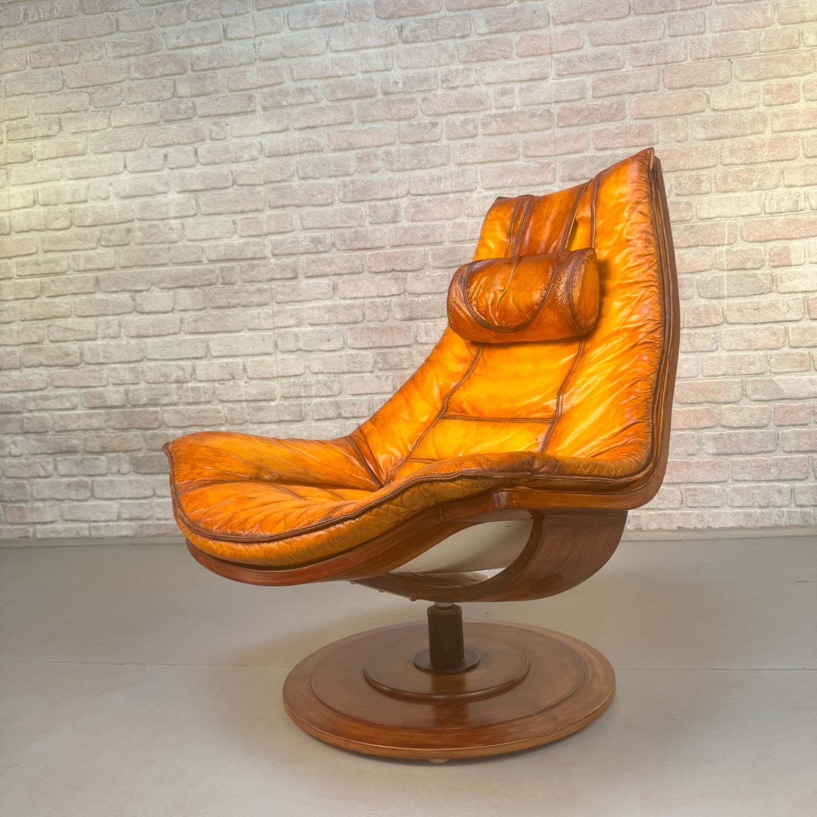 Vintage 1970s Swedish Swivel Lounge Chair | Hand Dyed Light Tan Leather