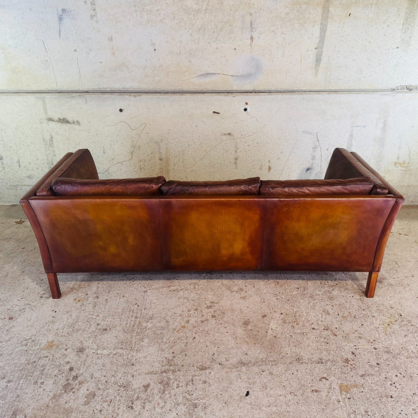 Danish Vintage Tan Leather Three-Seater Sofa — Sleek & Elegant