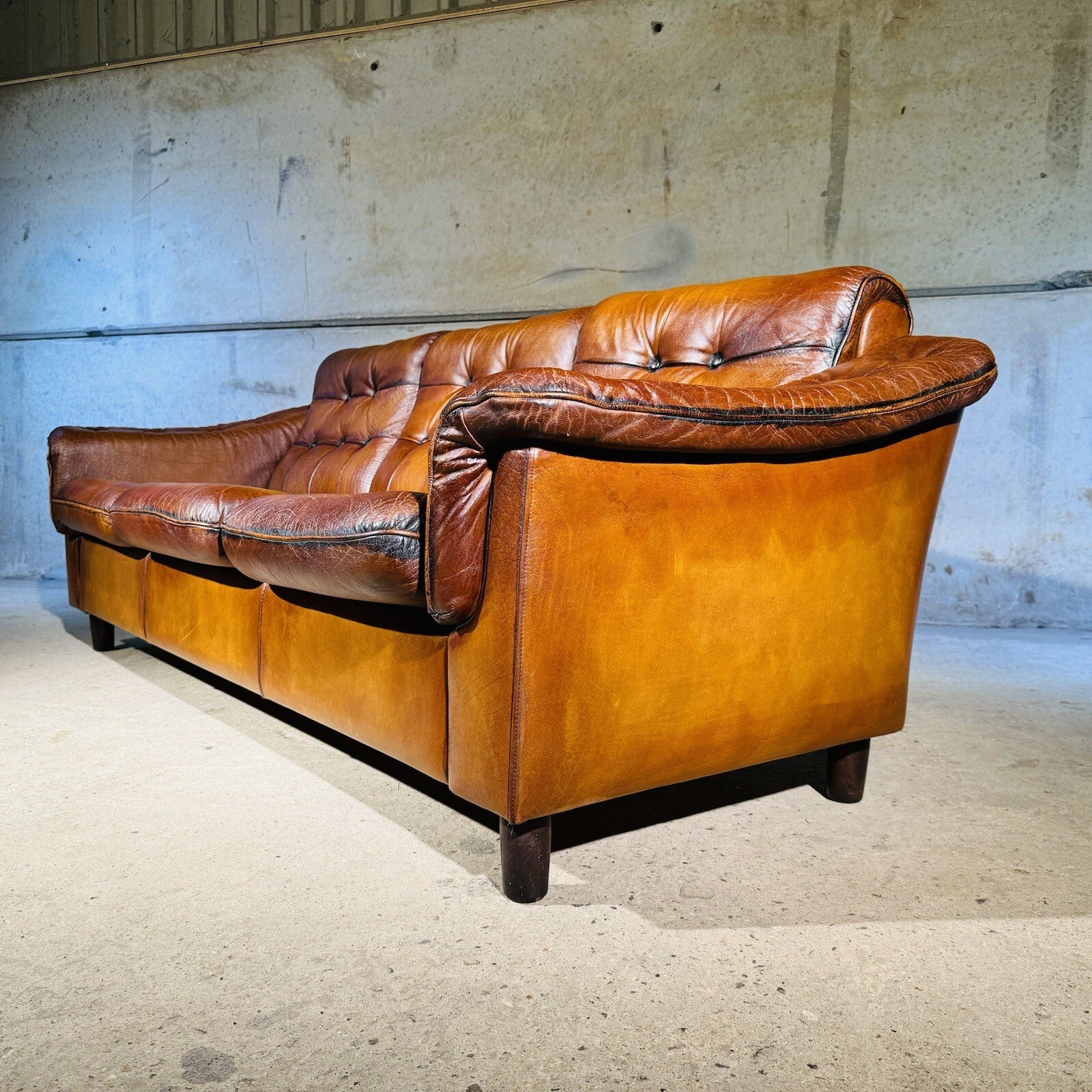 Vintage Danish Three-Seater Sofa - Bull Neck Leather, Hand-Dyed Tan Finish
