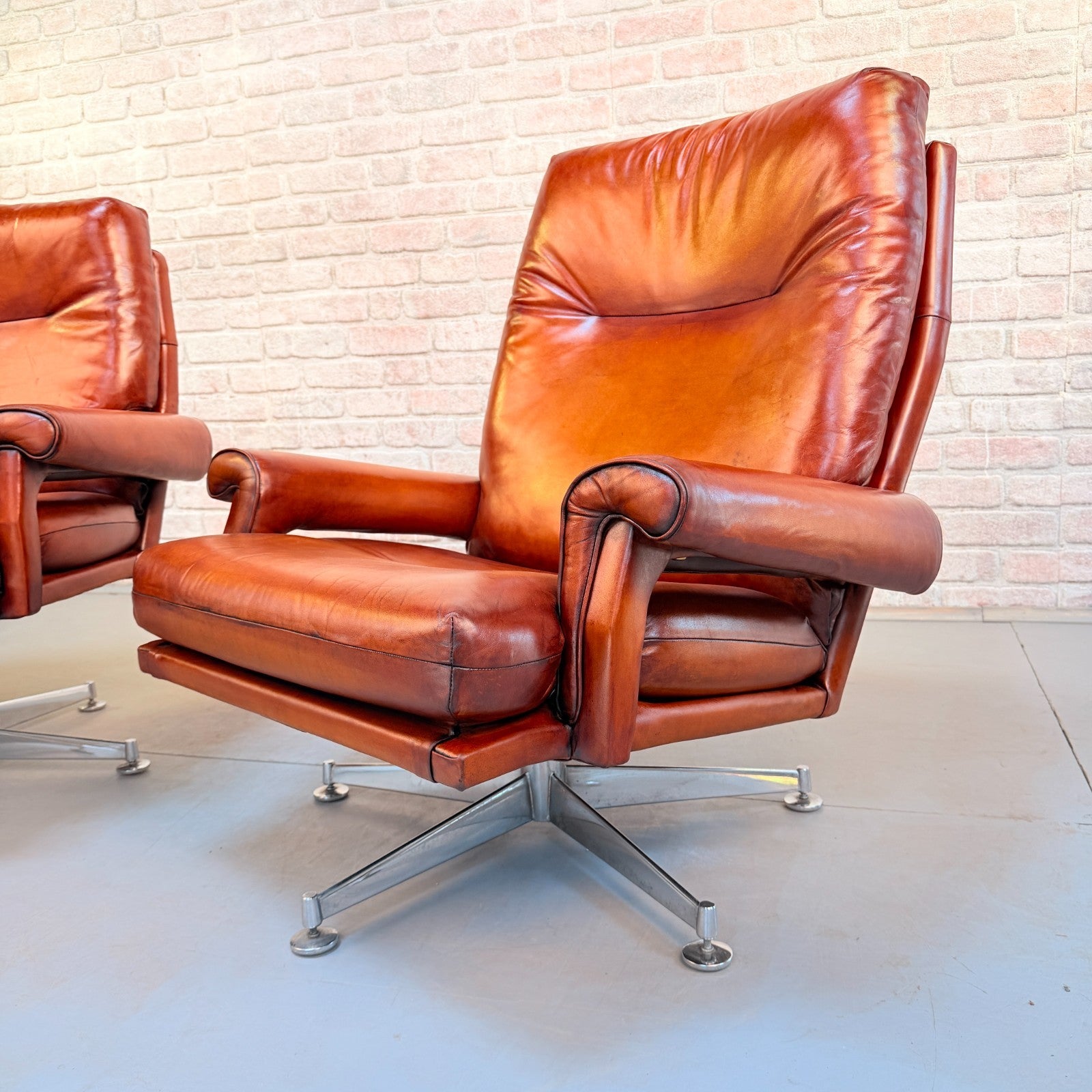 Pair 1970s Howard Keith His & Hers Cognac Leather Swivel Armchairs Vintage