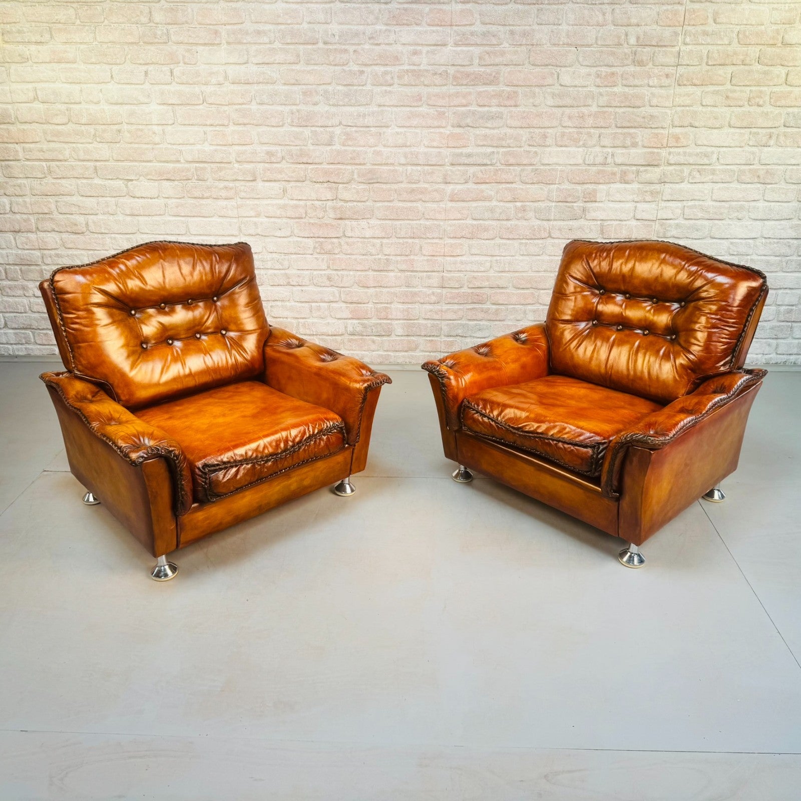 Vintage Danish Pair of Tan Leather Armchairs