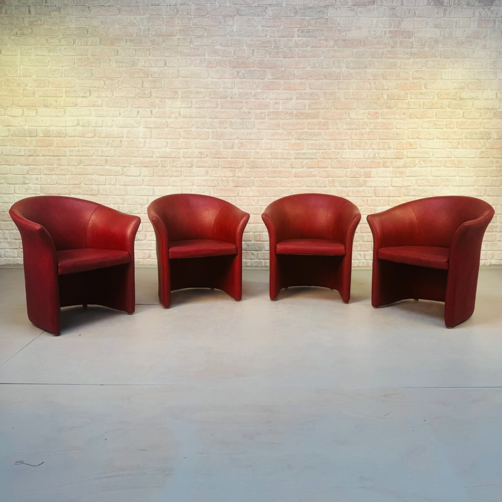 Set of Vintage Italian Red Faux Ostrich Leather Tub Chairs