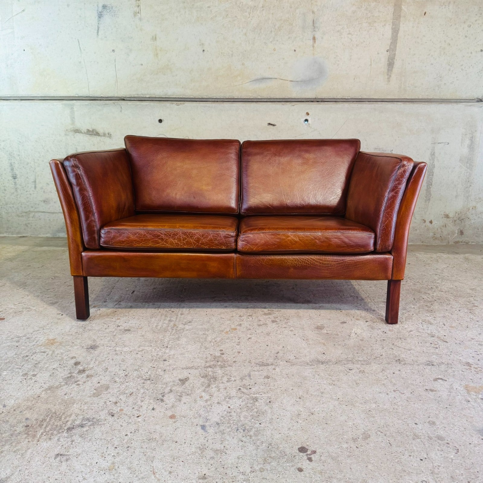 Vintage Danish Tan Leather 2 Seater Sofa — Neat Proportions