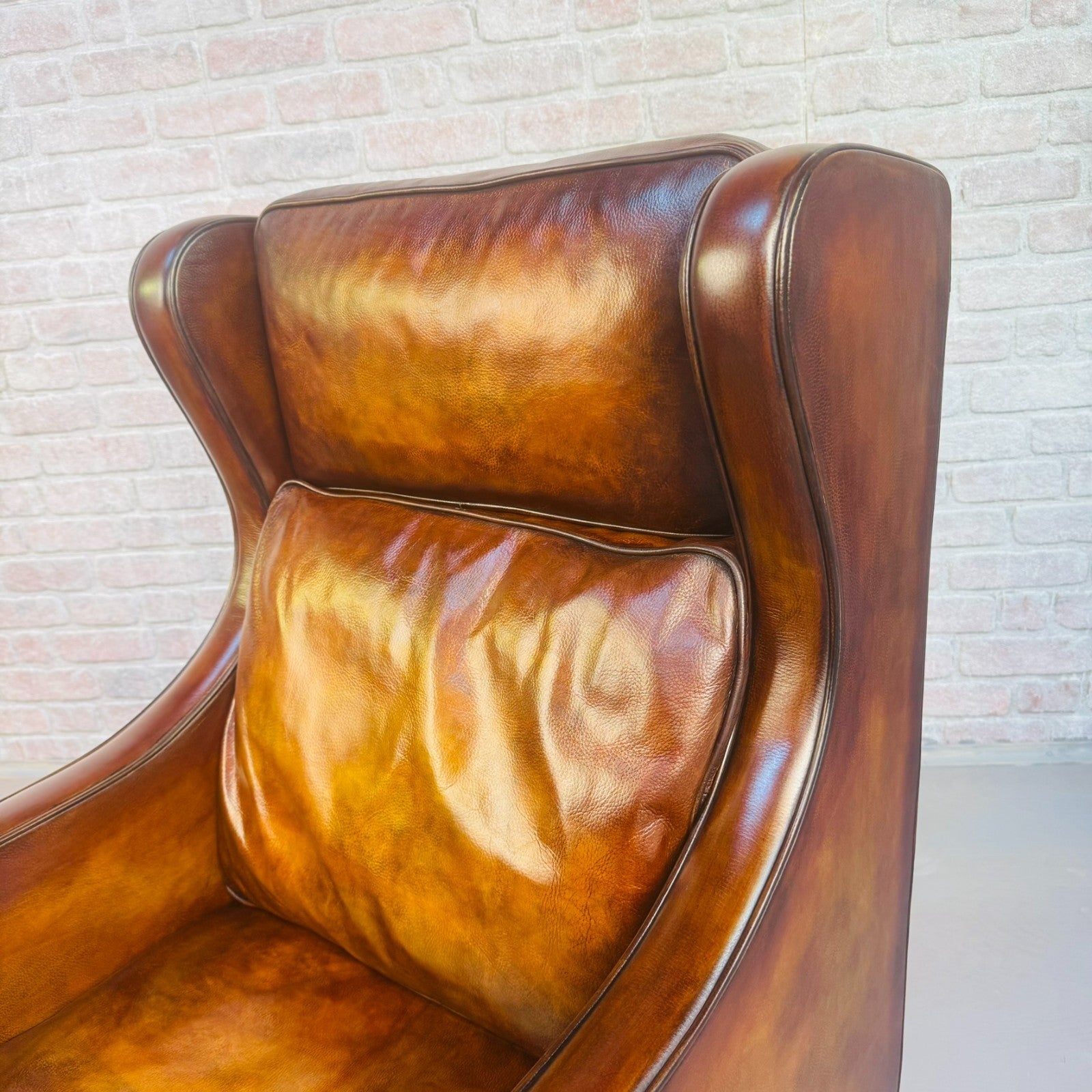 Vintage Danish His & Hers High Back Leather Chairs Pair Light Brown Armchairs