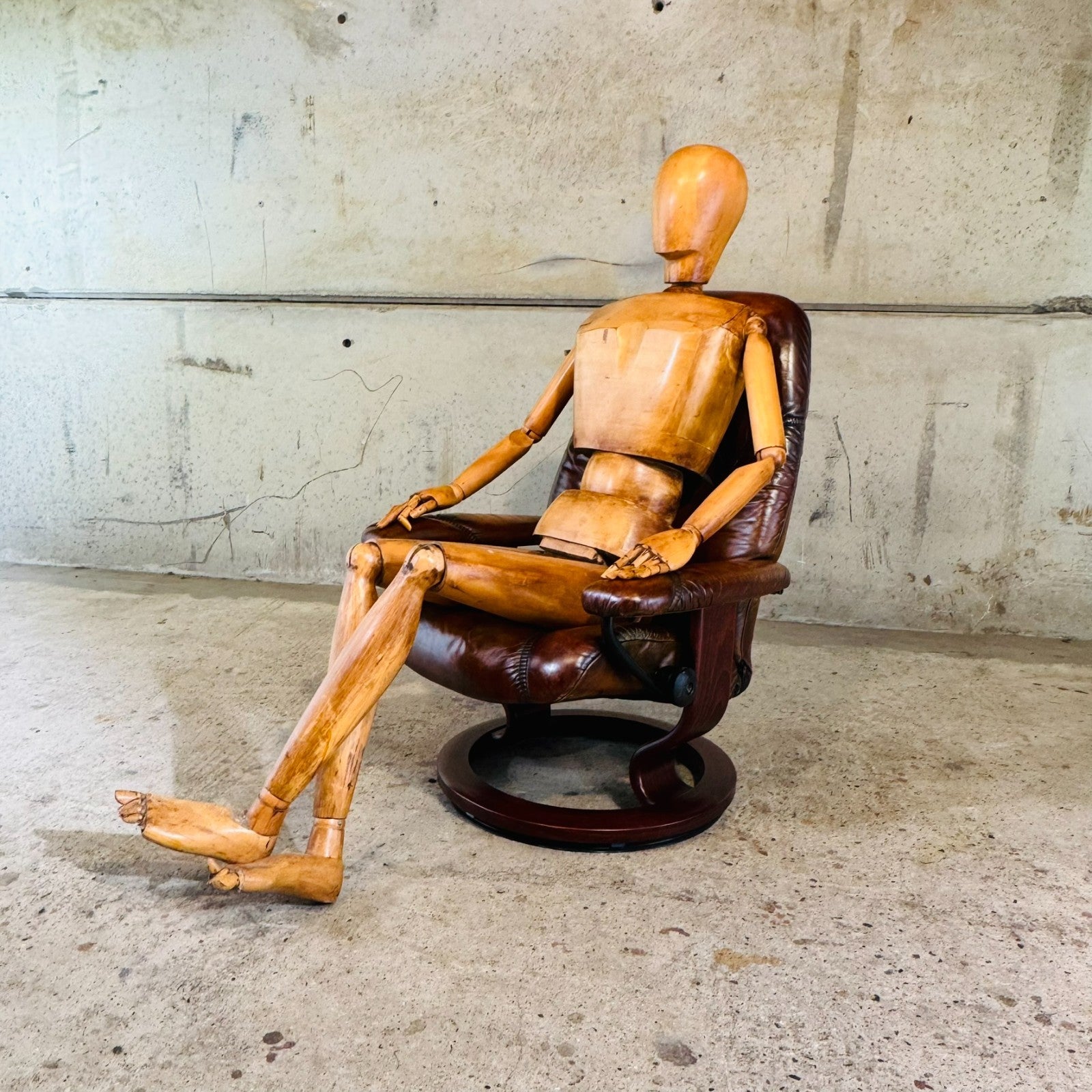 Vintage Ekornes Tan Leather Swivel Recliner Chair — Compact Design