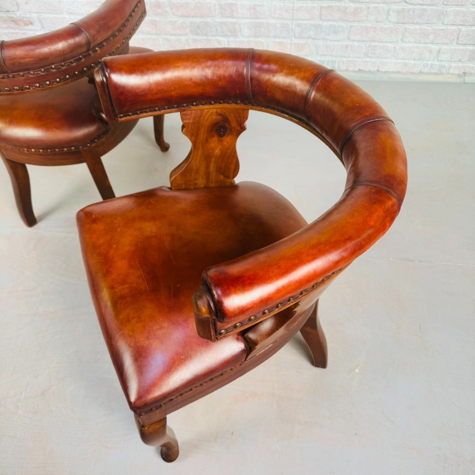 Pair of 40s Antique Danish Tan Leather Partner’s Desk Chairs Walnut Frame
