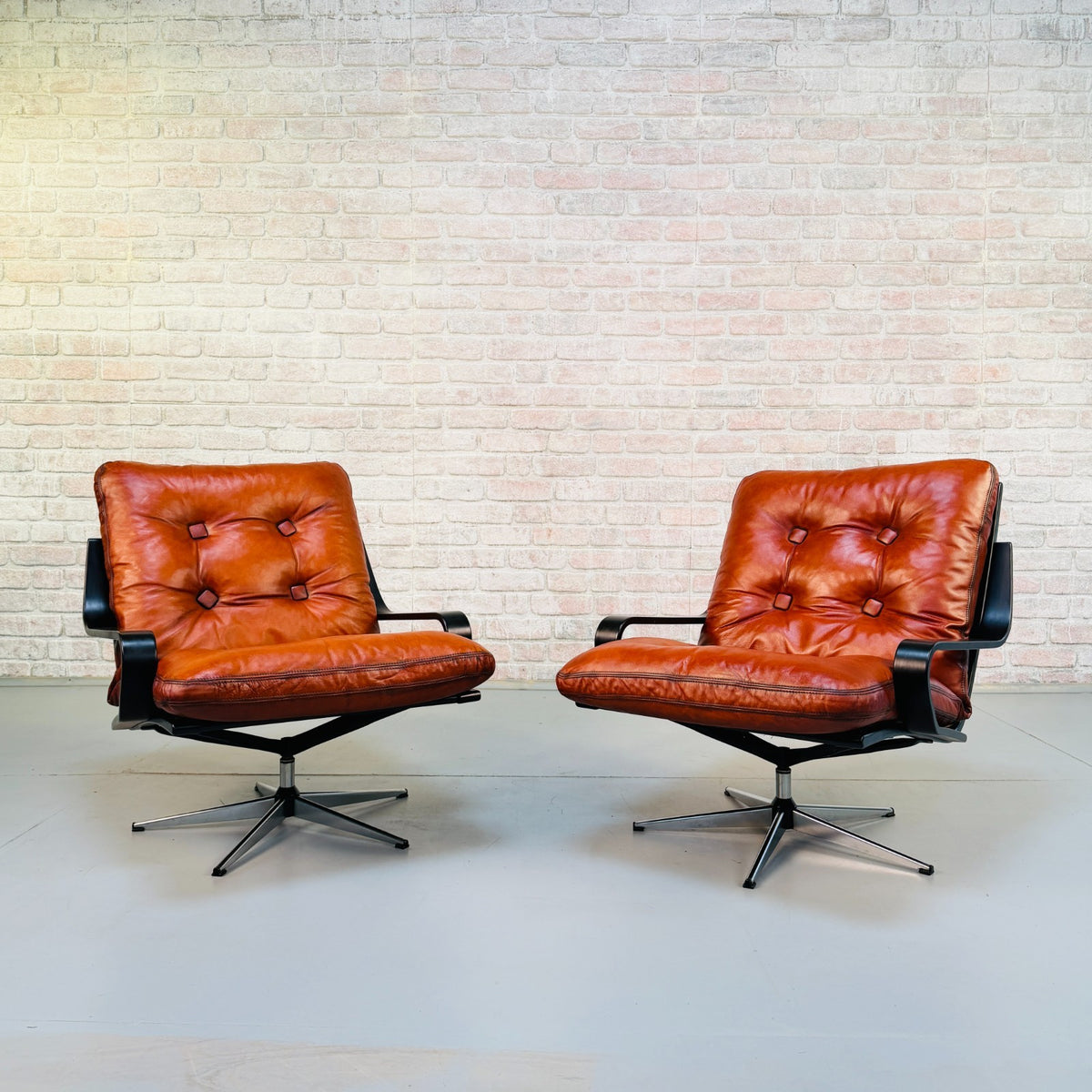 Pair Vintage Danish Cognac Tan Leather Swivel Armchairs Black Beech Frames