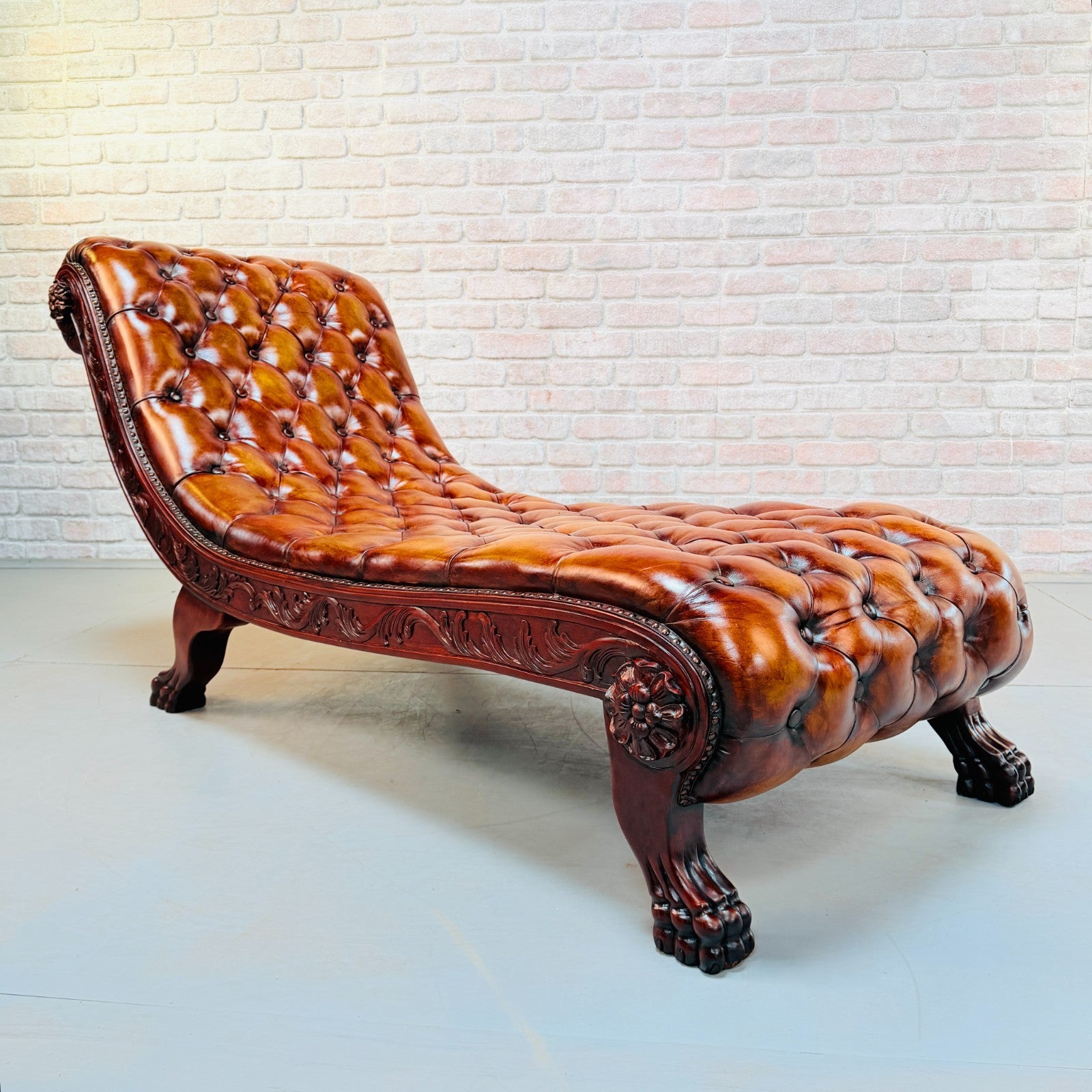 Decorative Chesterfield Style Tan Hand-Dyed Leather Chaise Lounge