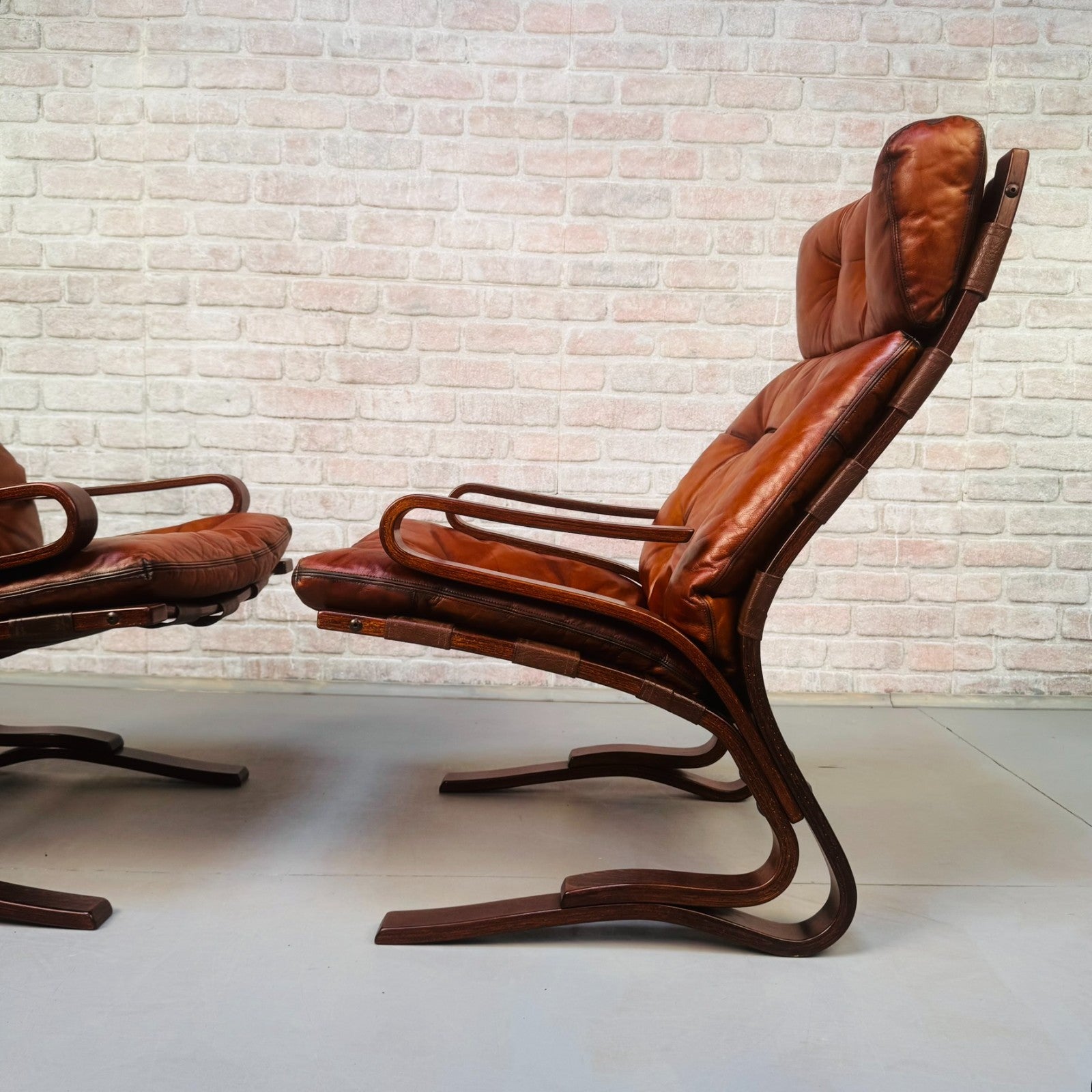 Vintage 1970s Hove Mobler Skyline Lounge Chairs Tan Leather Bentwood Beech