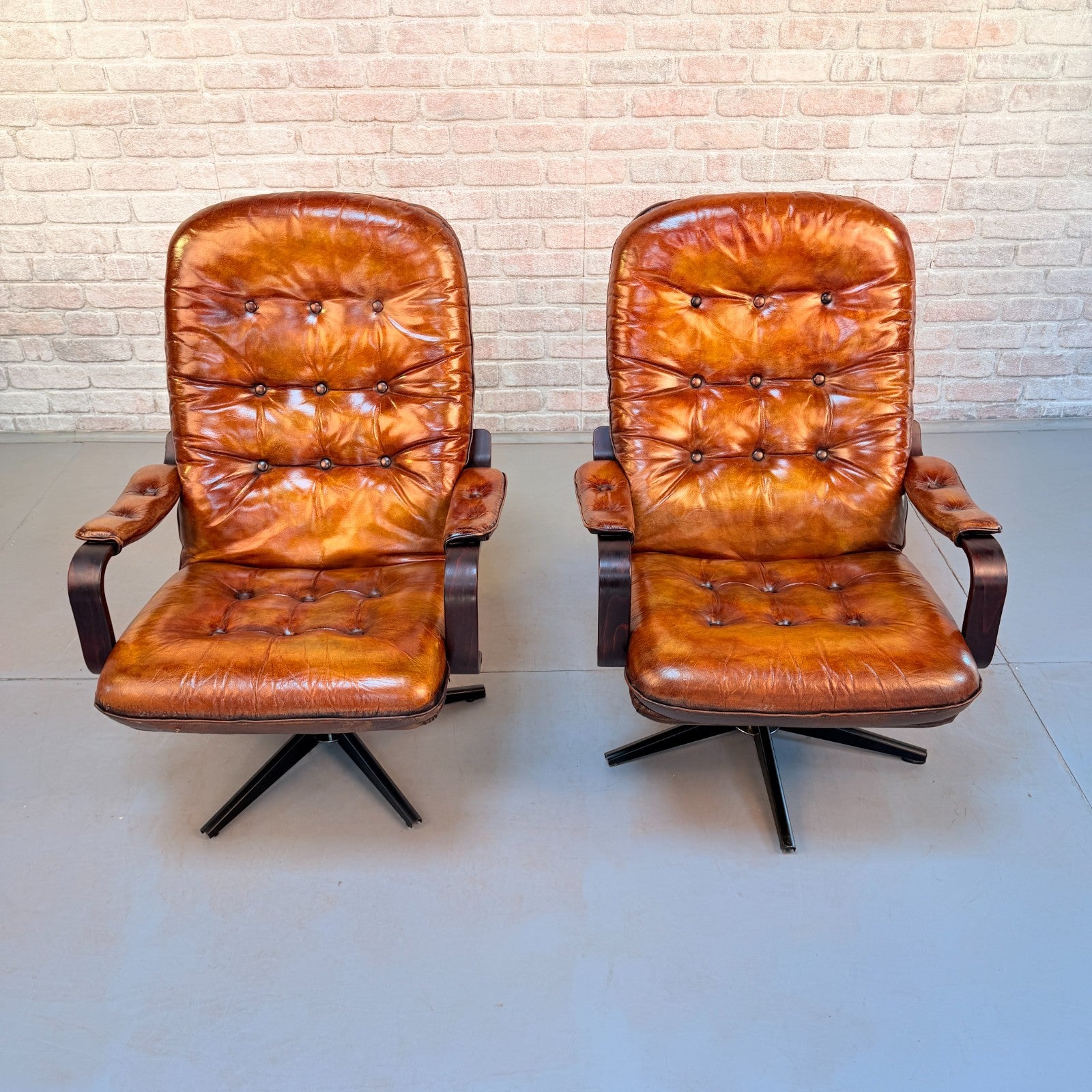 Vintage Pair Danish Tan Leather Swivel Chairs Hand Dyed Cognac Patina