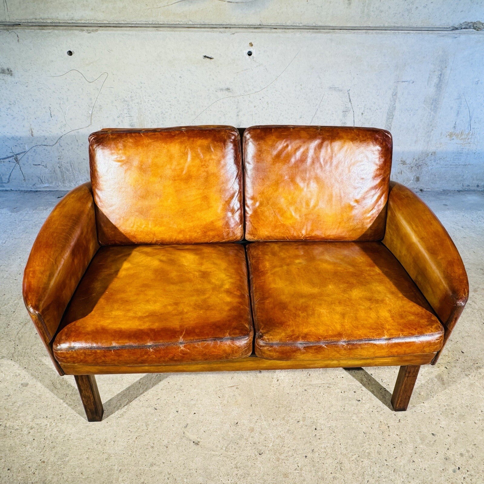 Neat Vintage Danish 1960s Leather Two seater Sofa - Patinated Tan