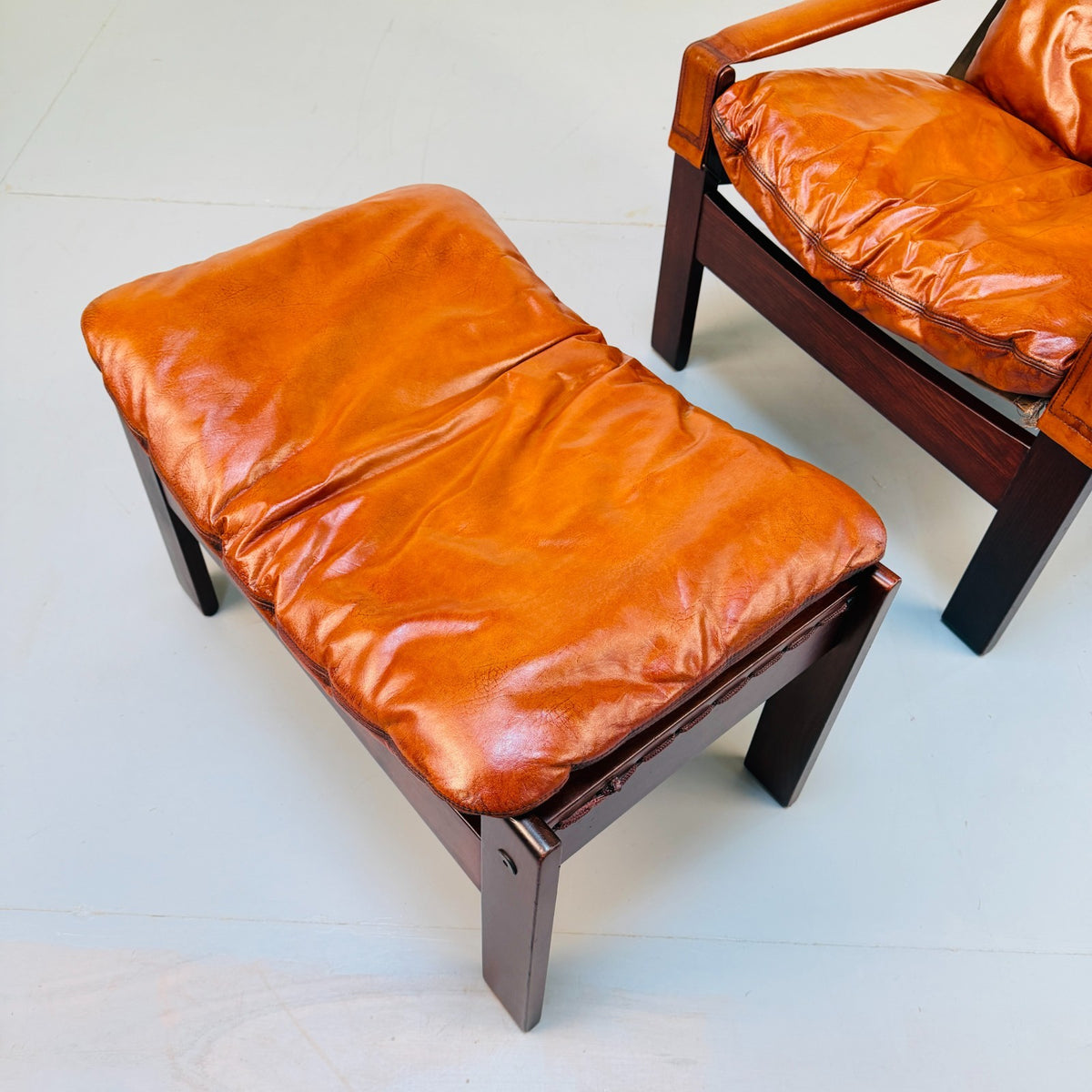Vintage 1960s Danish Tan Leather Reclining High Back Armchair & Footstool