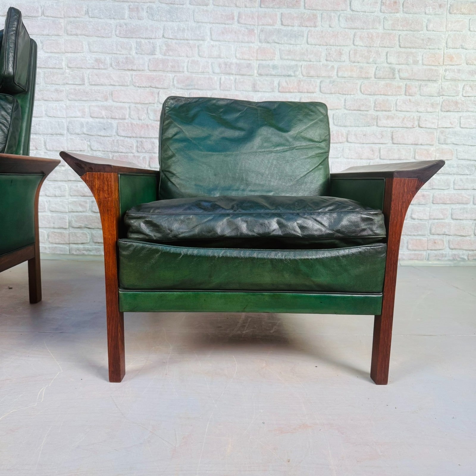 1960s Danish Green Leather Three-Seater Sofa & His & Hers Armchairs Golstrup