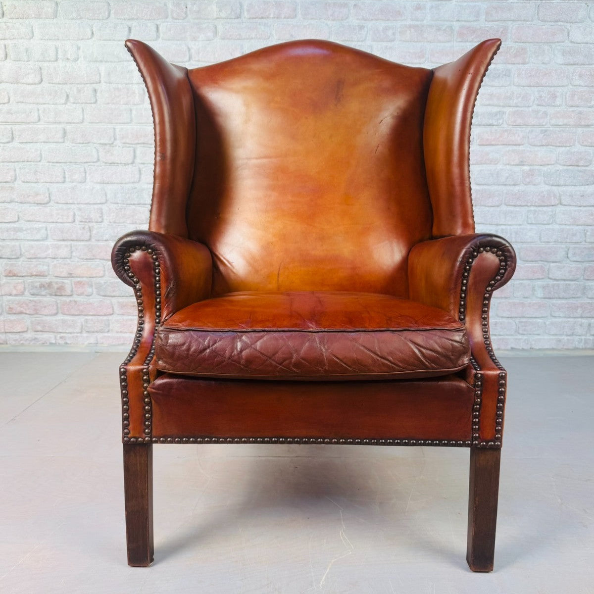 Vintage George III Style English Tan Leather Wingback Chair c.1940