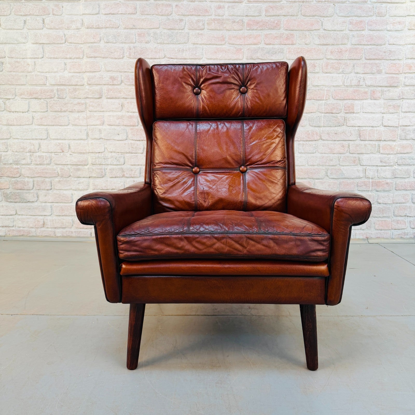 Vintage Danish Svend Skipper Tan Hand-Dyed Leather High Back Chair
