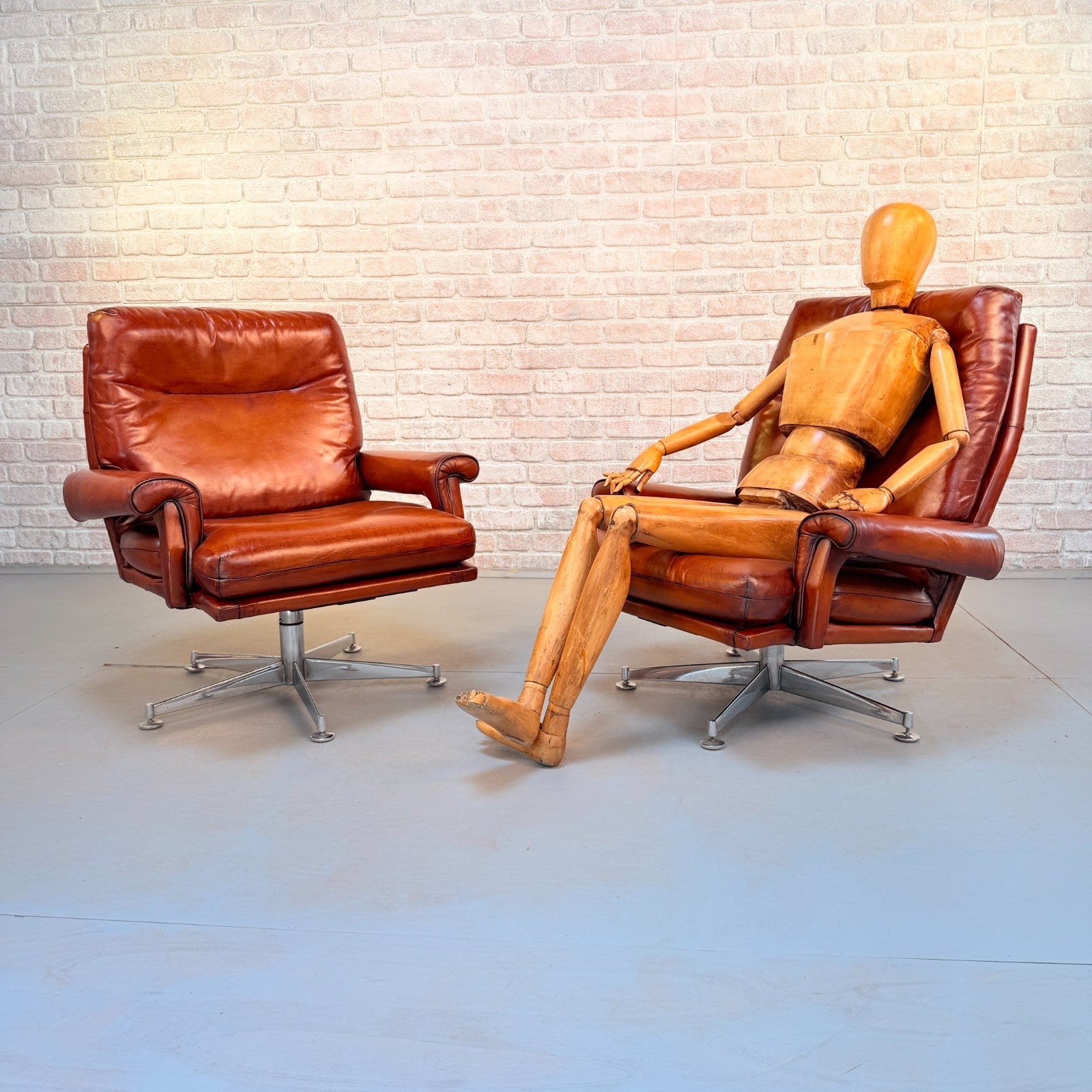 Pair 1970s Howard Keith His & Hers Cognac Leather Swivel Armchairs Vintage