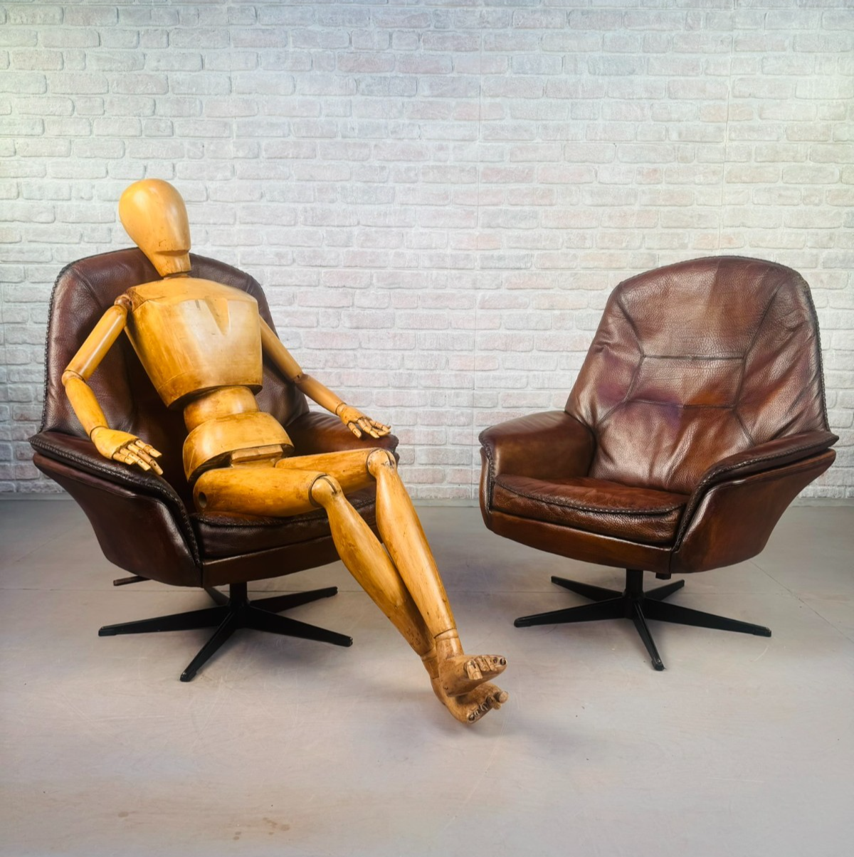 Vintage Pair 1970s Danish Berg Mobler Brown Leather Swivel Chairs Mid Century
