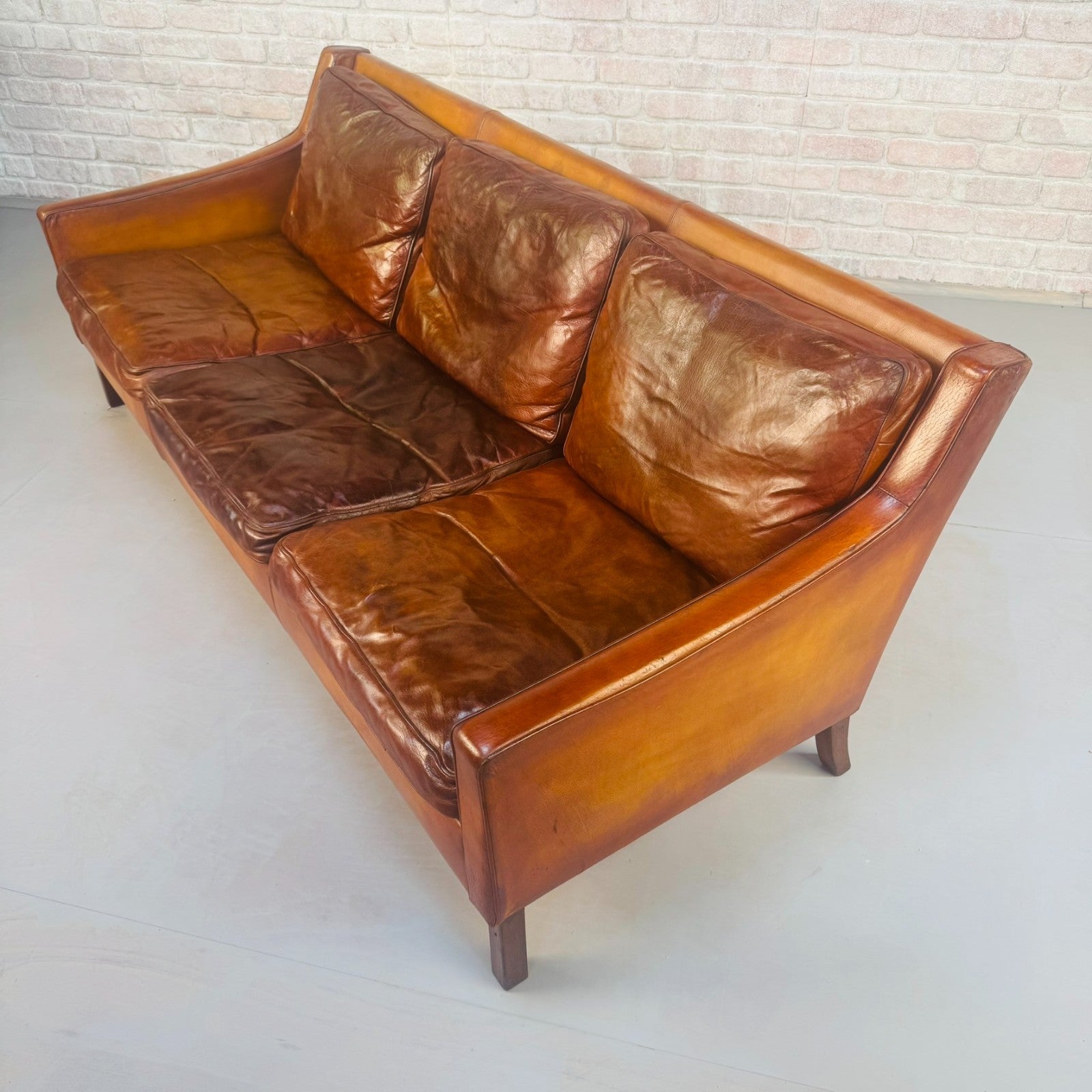 1960s Swedish Patinated Tan Leather 3-Seater Sofa – Dark Walnut Legs