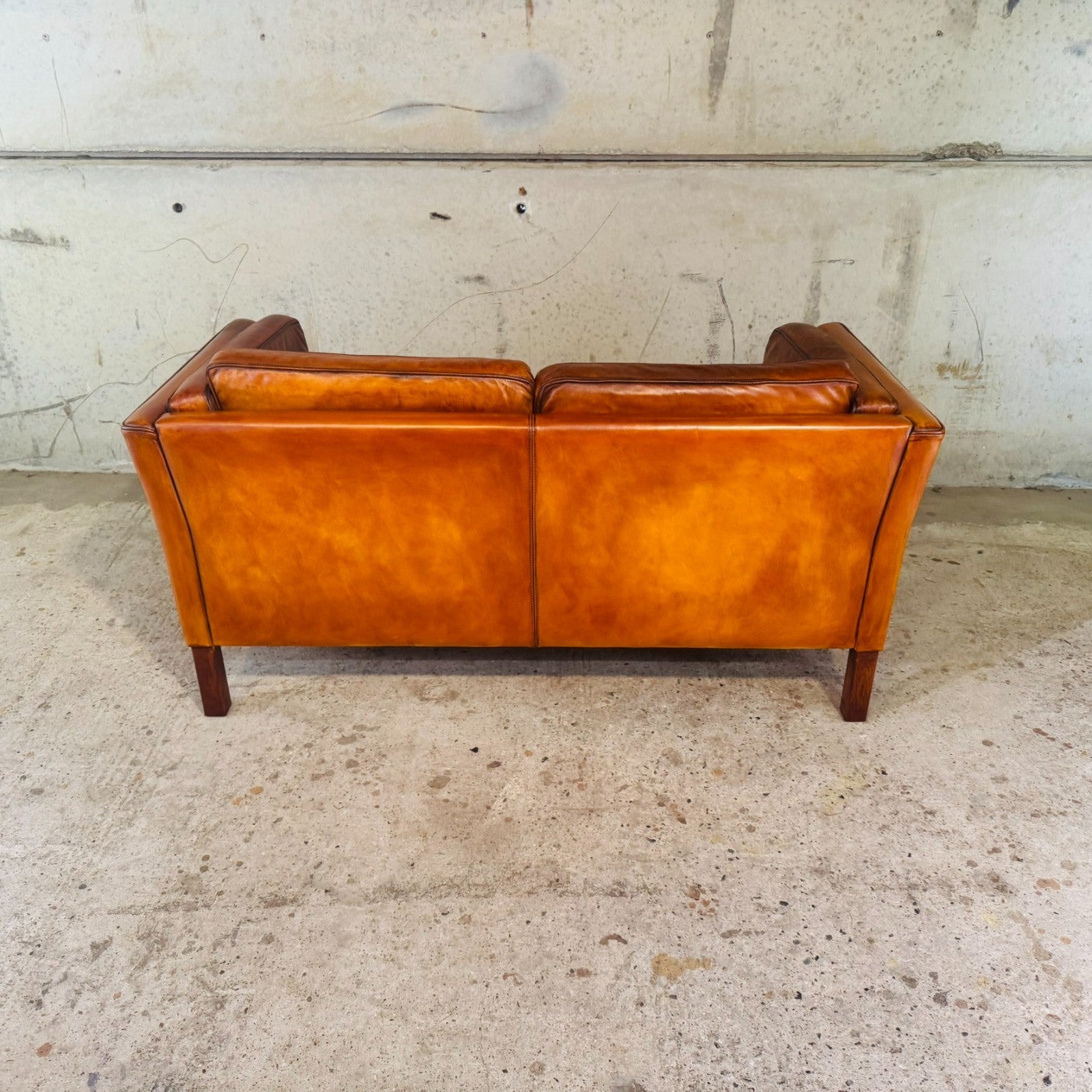 Danish Light Tan Leather 2 Seater Sofa — Elegant Lines