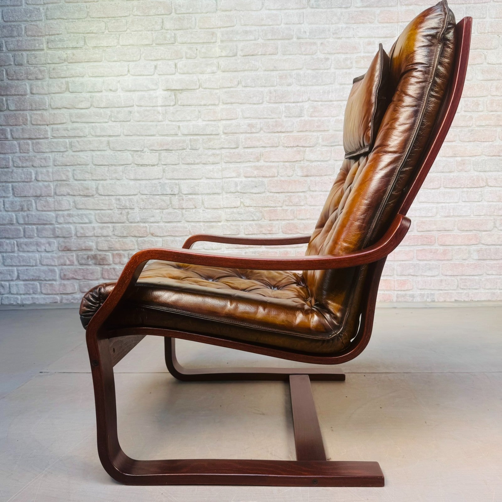 Pair of Vintage Scandinavian Tan Leather Bentwood Armchairs