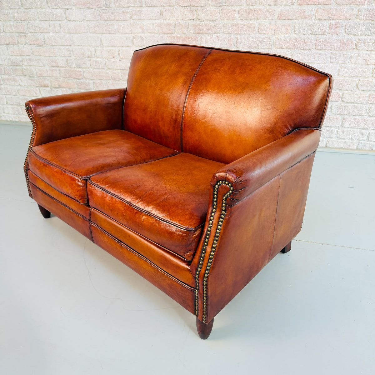 Vintage English Club Hand Dyed Cognac Tan Leather 2 Seater Sofa