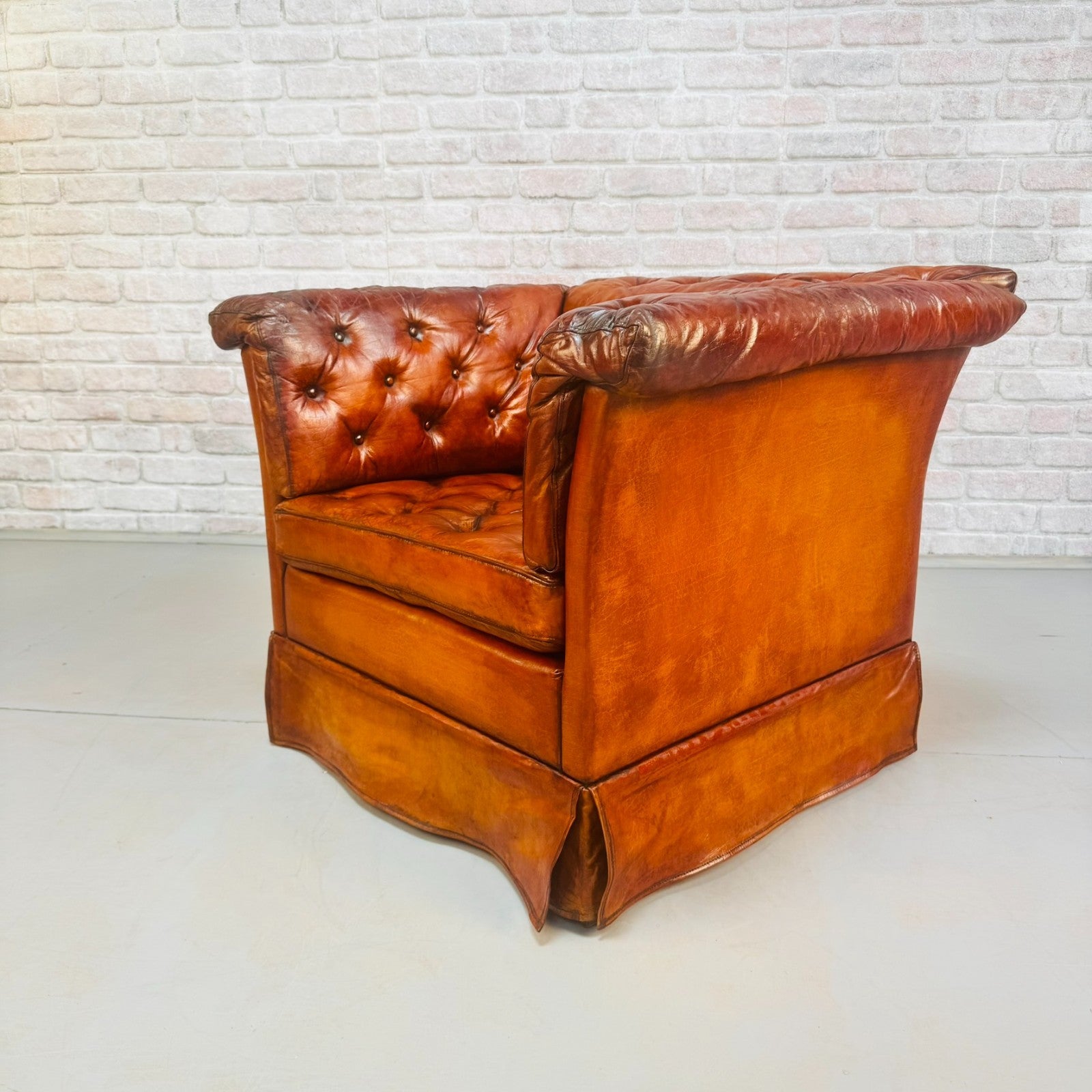 Vintage 1970s Danish Buttoned Tan Leather Armchair