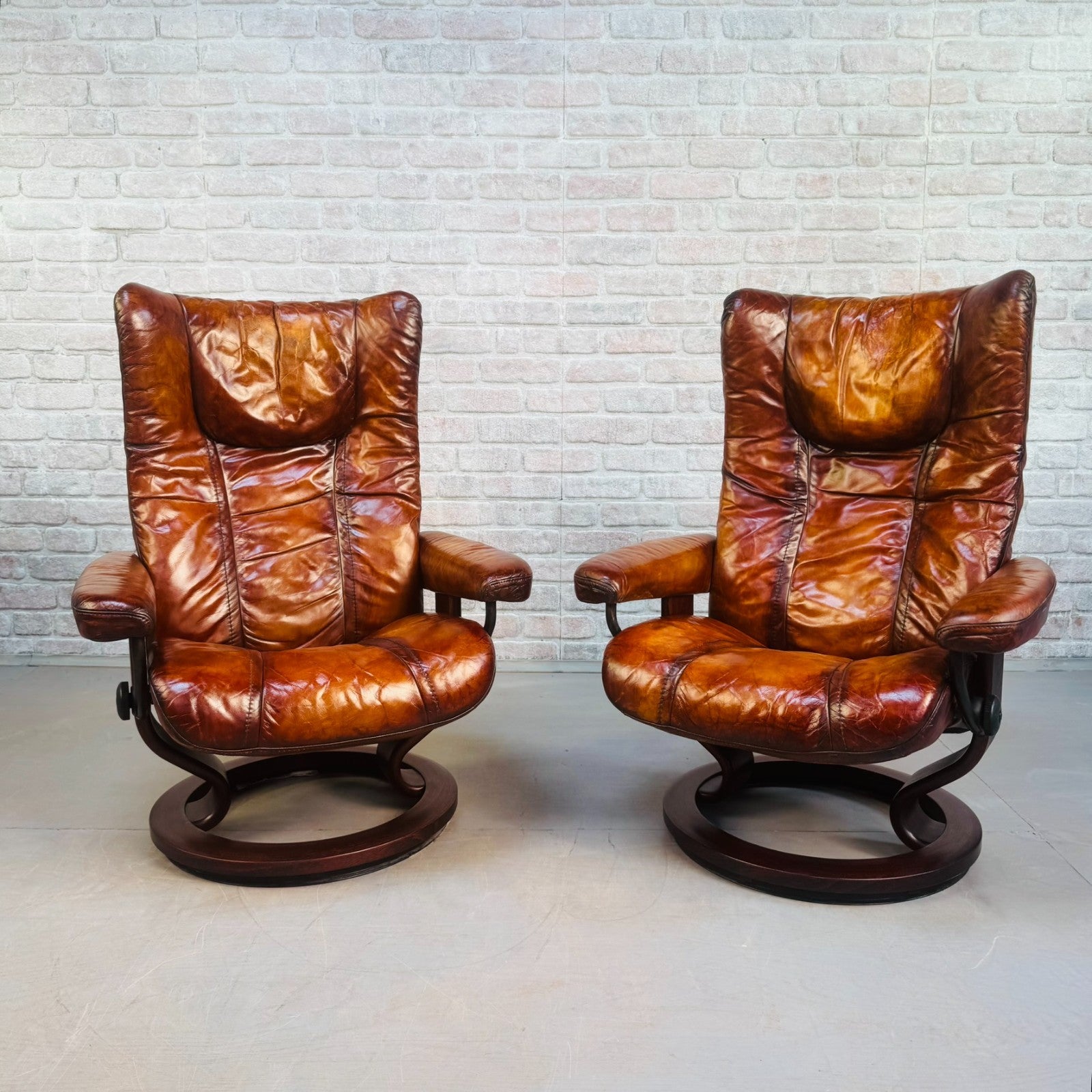 Pair of Vintage Ekornes Tan Leather Swivel Recliner Chairs Mid Century