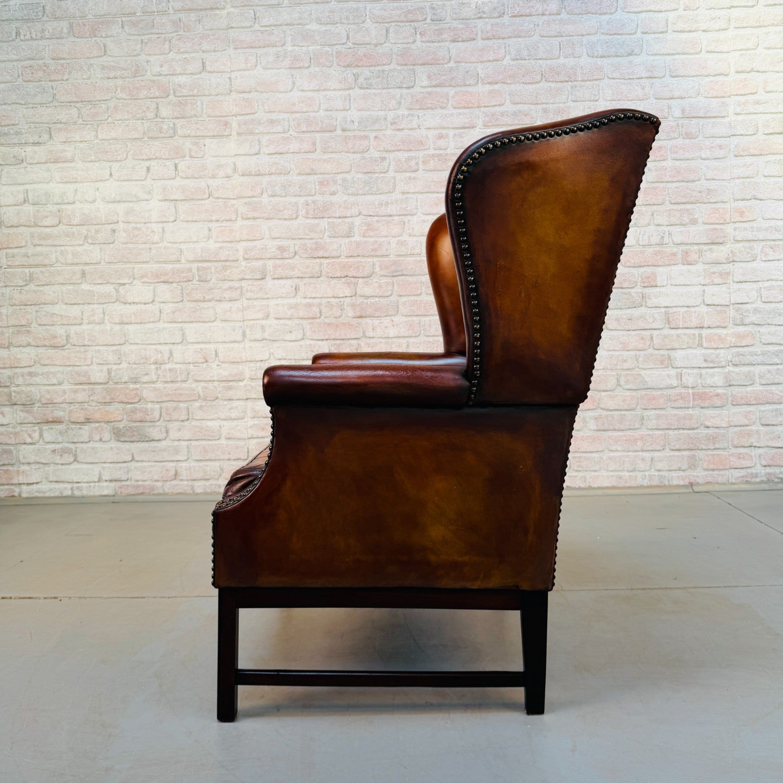 Vintage Danish Tan Hand-Dyed Leather Wingback Chair
