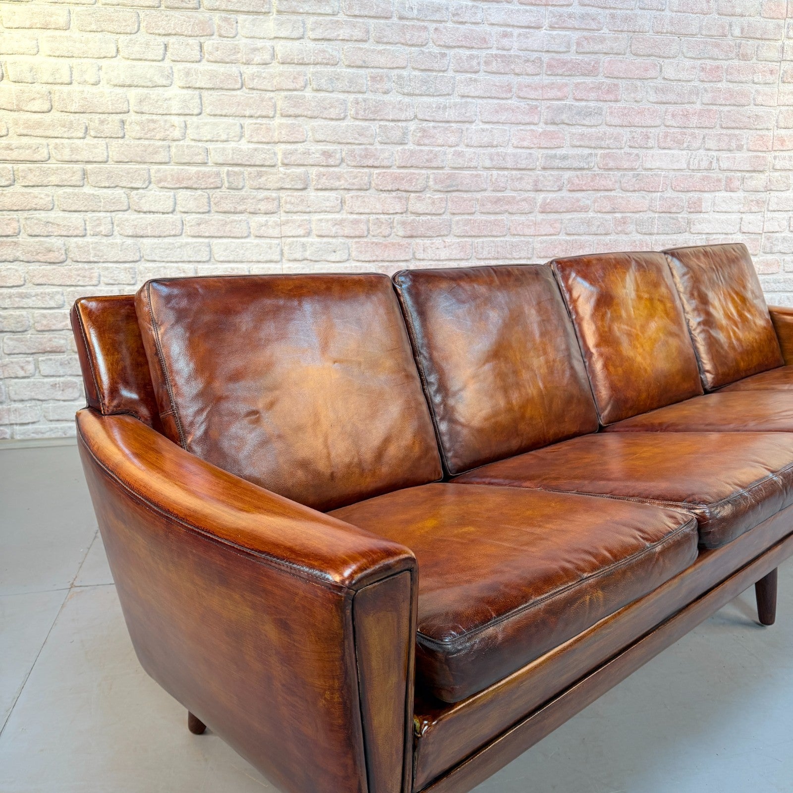 Vintage 1970s Danish George Thams Tan Hand-Dyed Leather Four Seater Sofa
