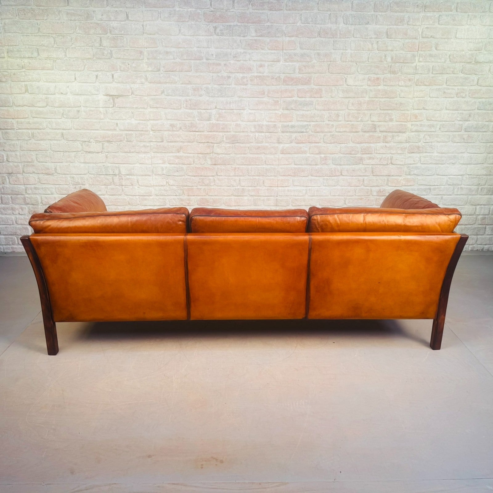 Long Vintage Danish Cognac Leather 3 Seater Sofa Mid Century Feather Filled