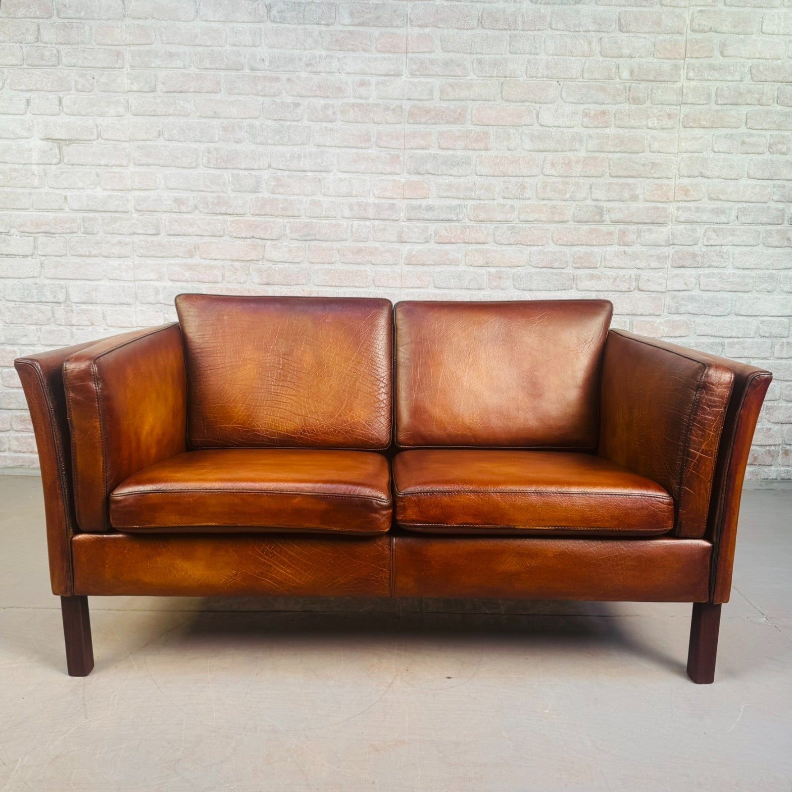 Vintage Danish Tan Leather 2 Seater Sofa Compact Mid Century Space Saver