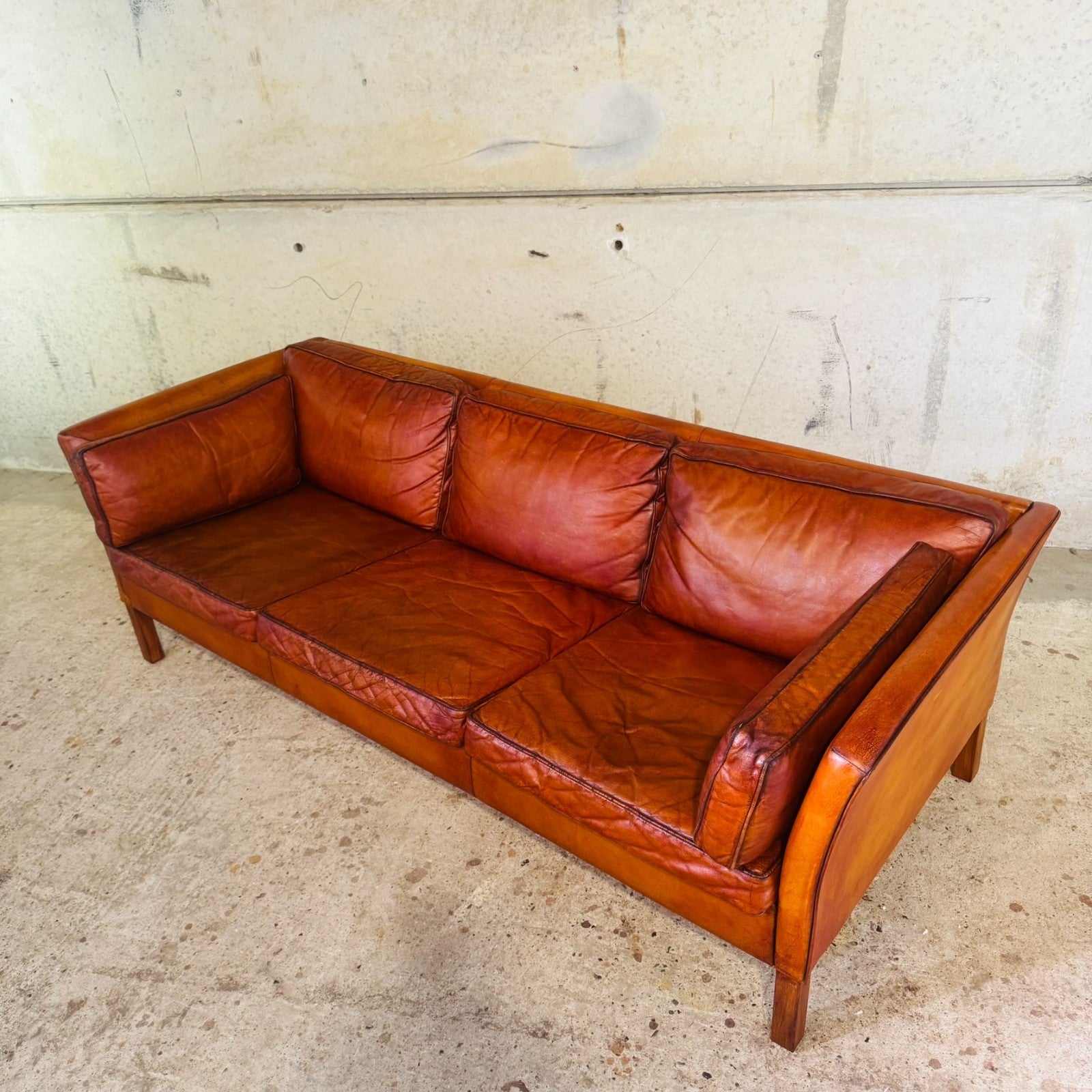 Stylish Danish 1970s Three-Seater Sofa in Cognac Leather