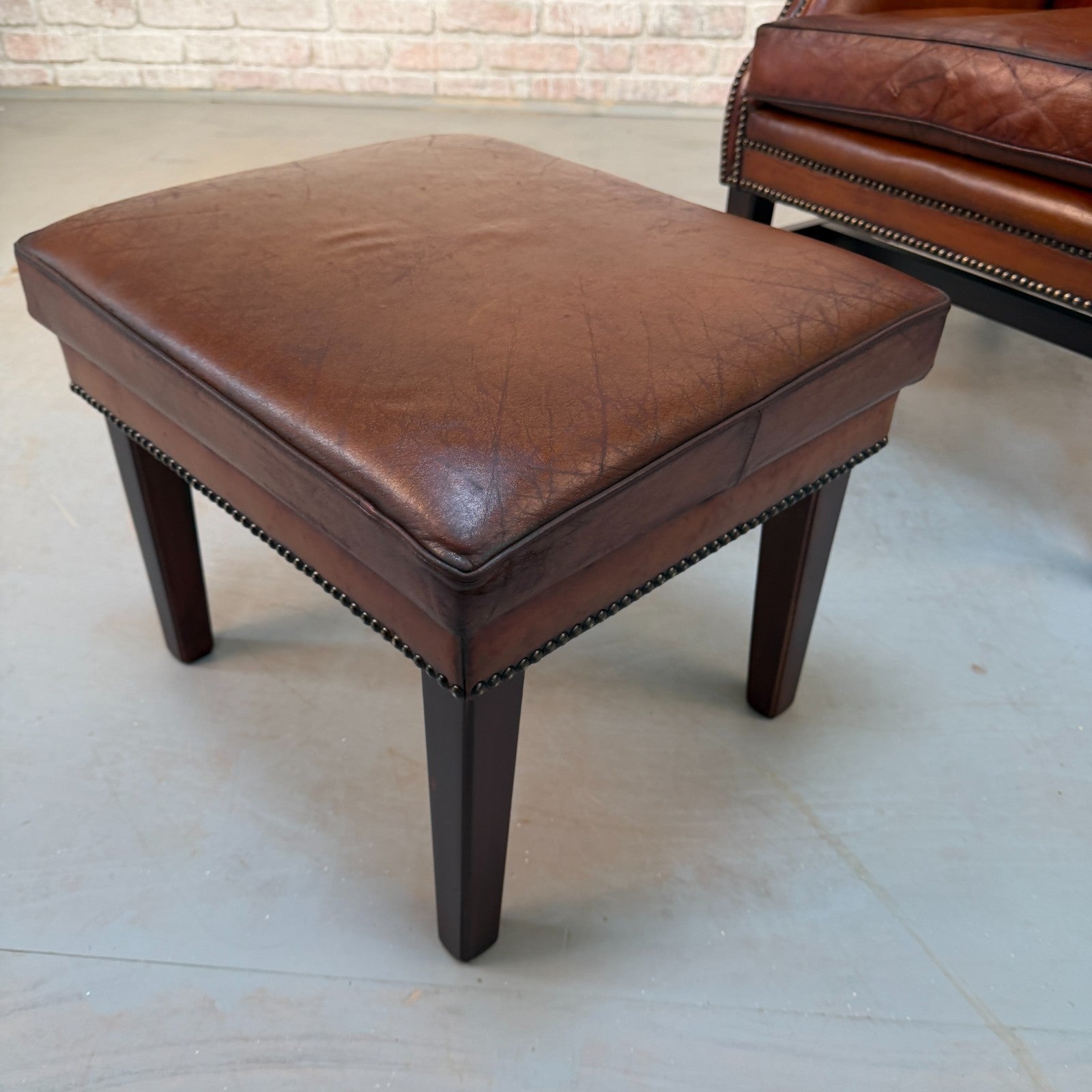 Vintage Danish Dark Tan Hand-Dyed Leather Wingback Chair & Matching Footstool