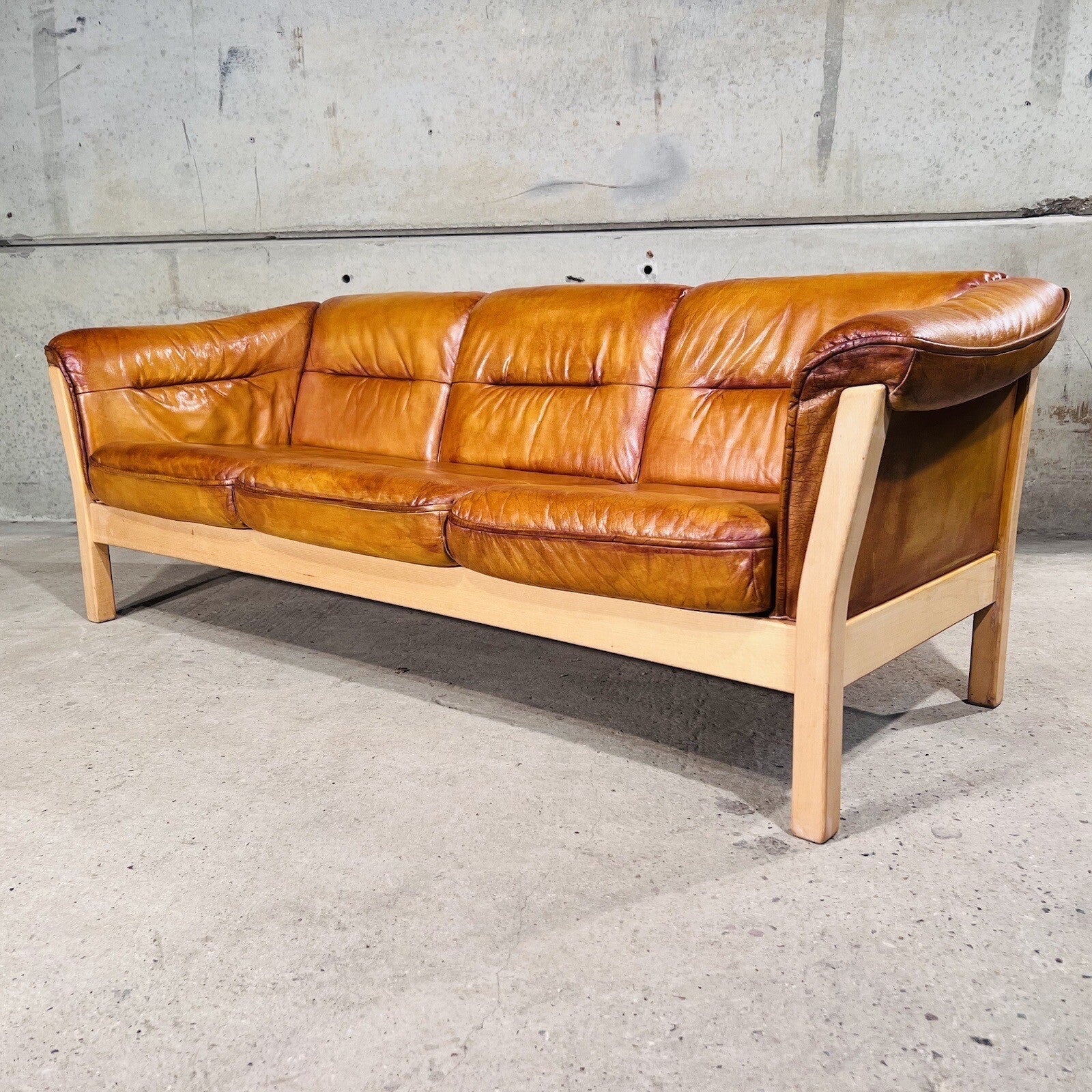 Long Vintage Swedish Three-Seater Patinated Tan Leather Sofa