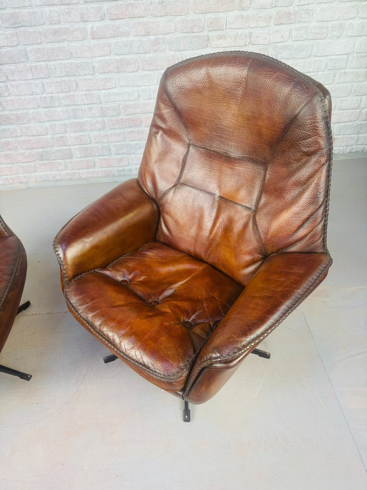 Vintage Pair 1970s Danish Berg Mobler Brown Leather Swivel Chairs Mid Century