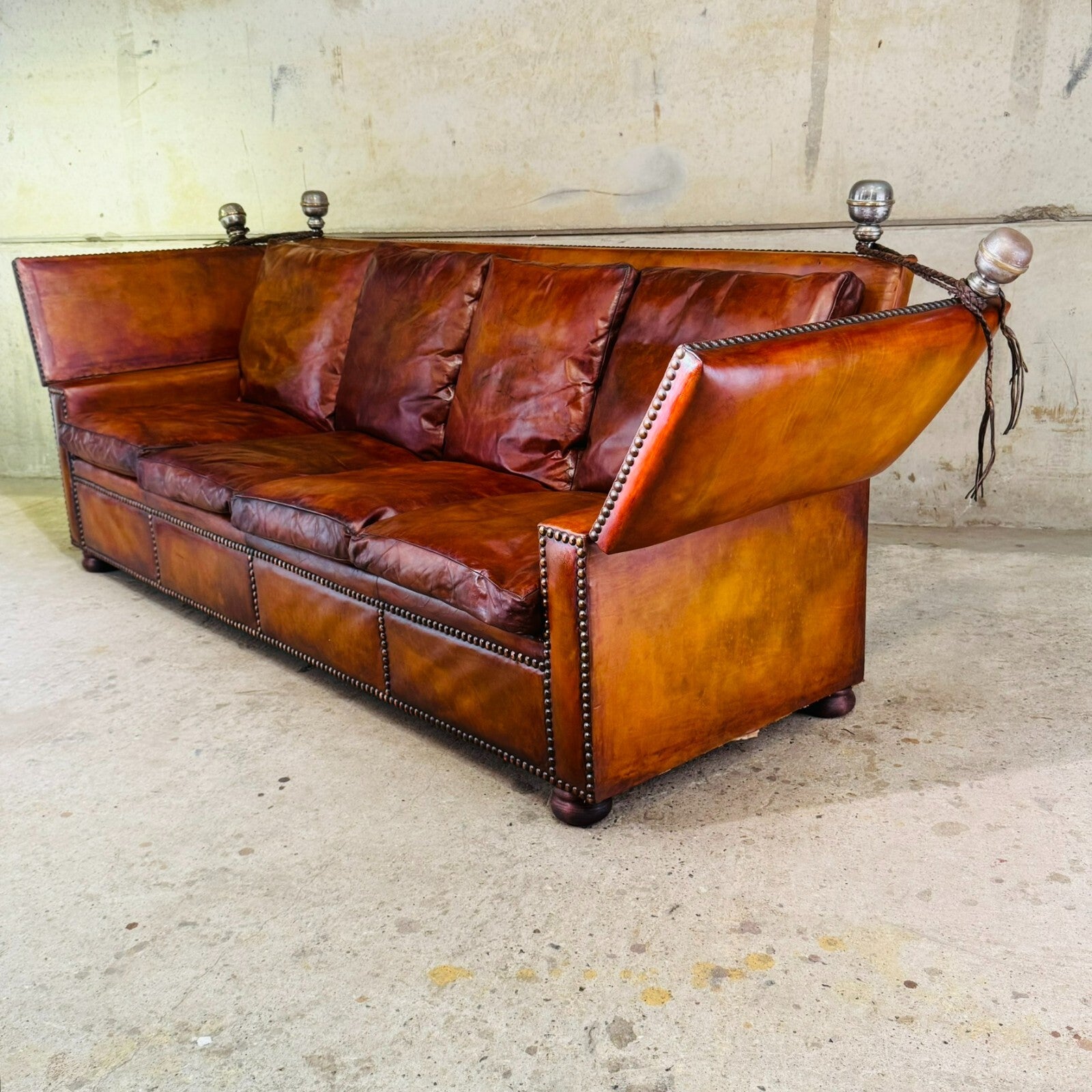 Stunning 1930s Knole Drop-End Large Four-Seater Tan Leather Sofa