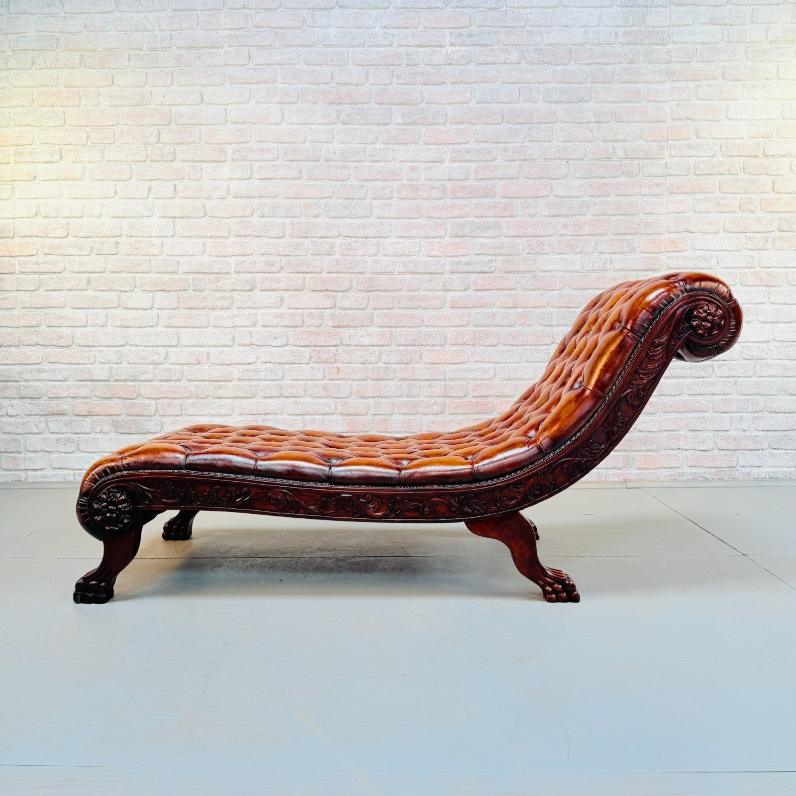 Decorative Chesterfield Style Tan Hand-Dyed Leather Chaise Lounge