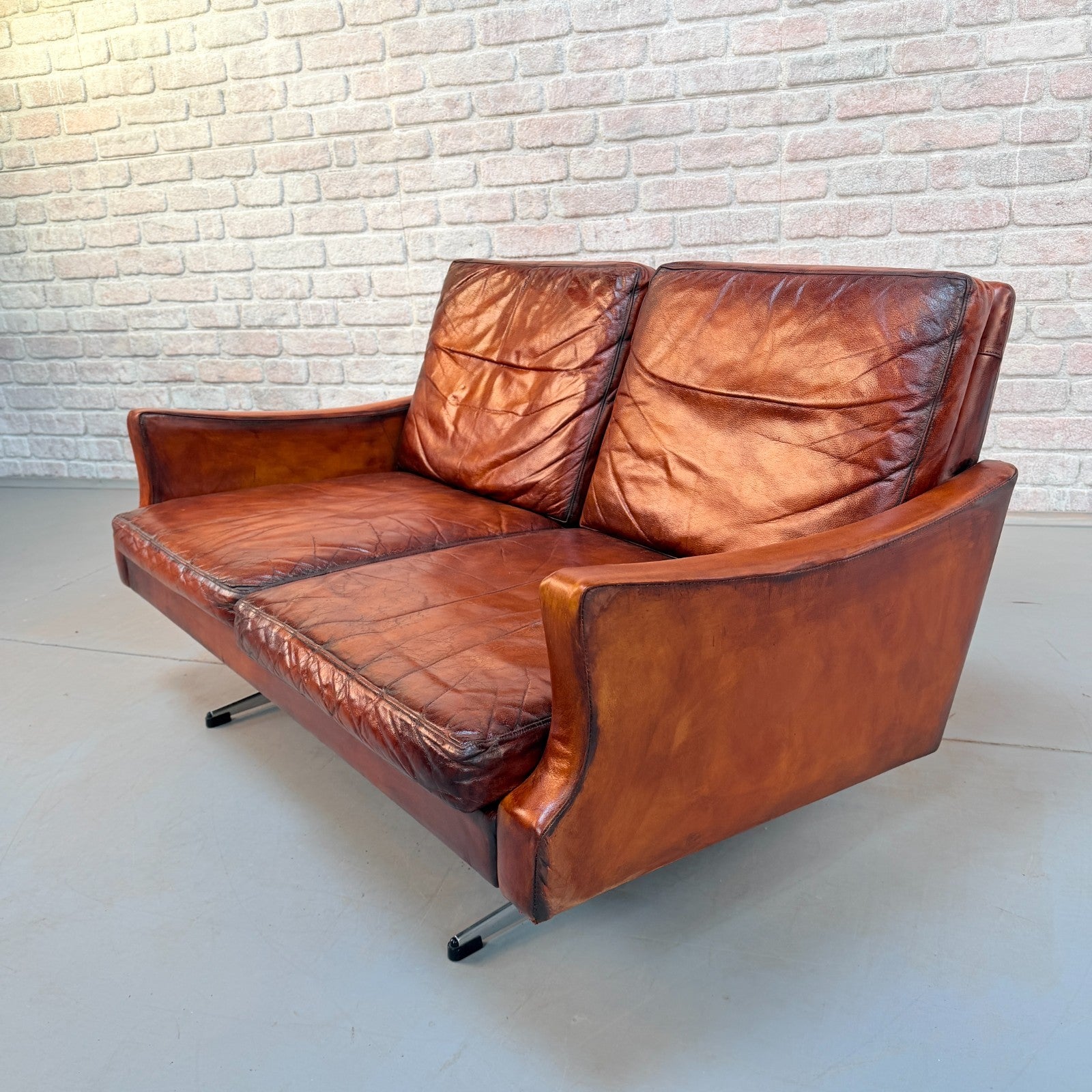 Vintage 1970s Danish Cognac Hand-Dyed Leather Two Seater Sofa