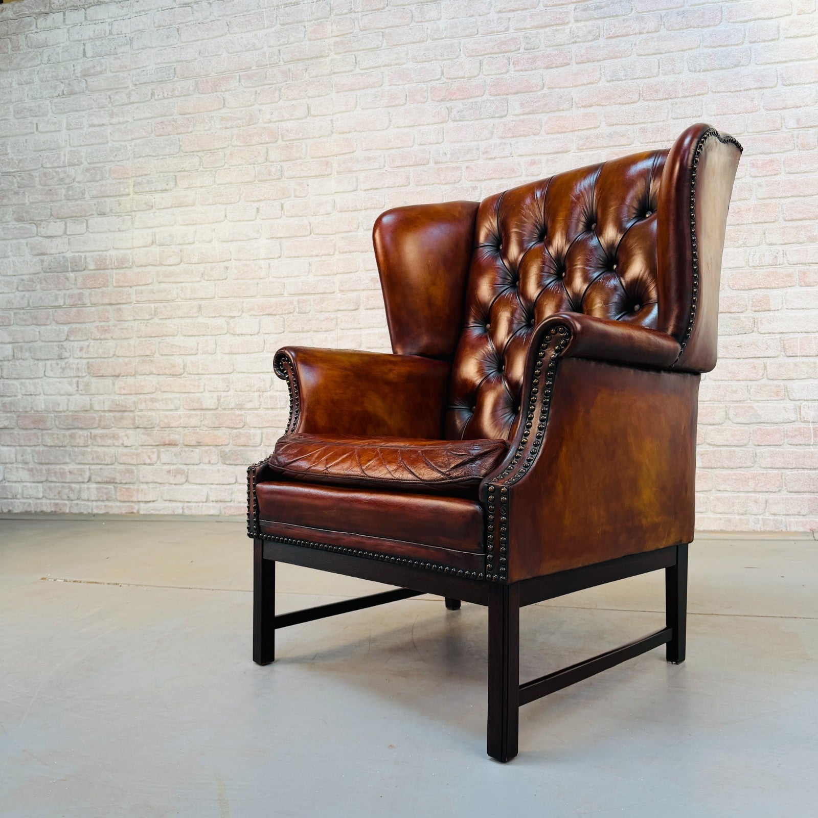 Vintage Danish Tan Hand-Dyed Leather Wingback Chair