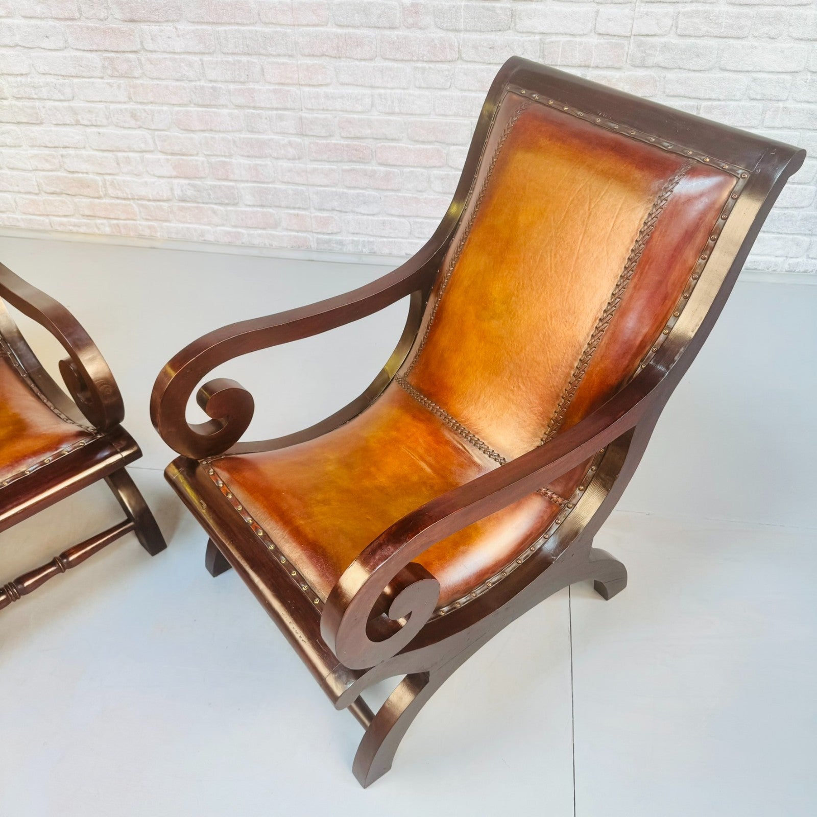 Vintage Danish Pair of Tan Leather Slipper Lounge Armchairs Mahogany Frame 1970s