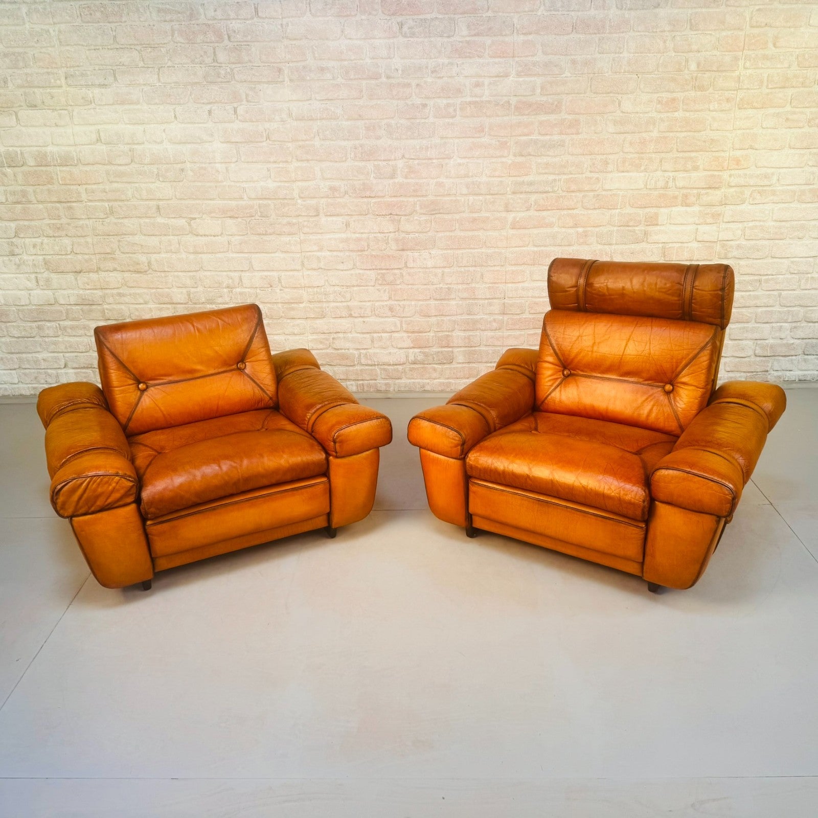 Pair Vintage Skippers Danish His & Hers Light Tan Leather Armchairs