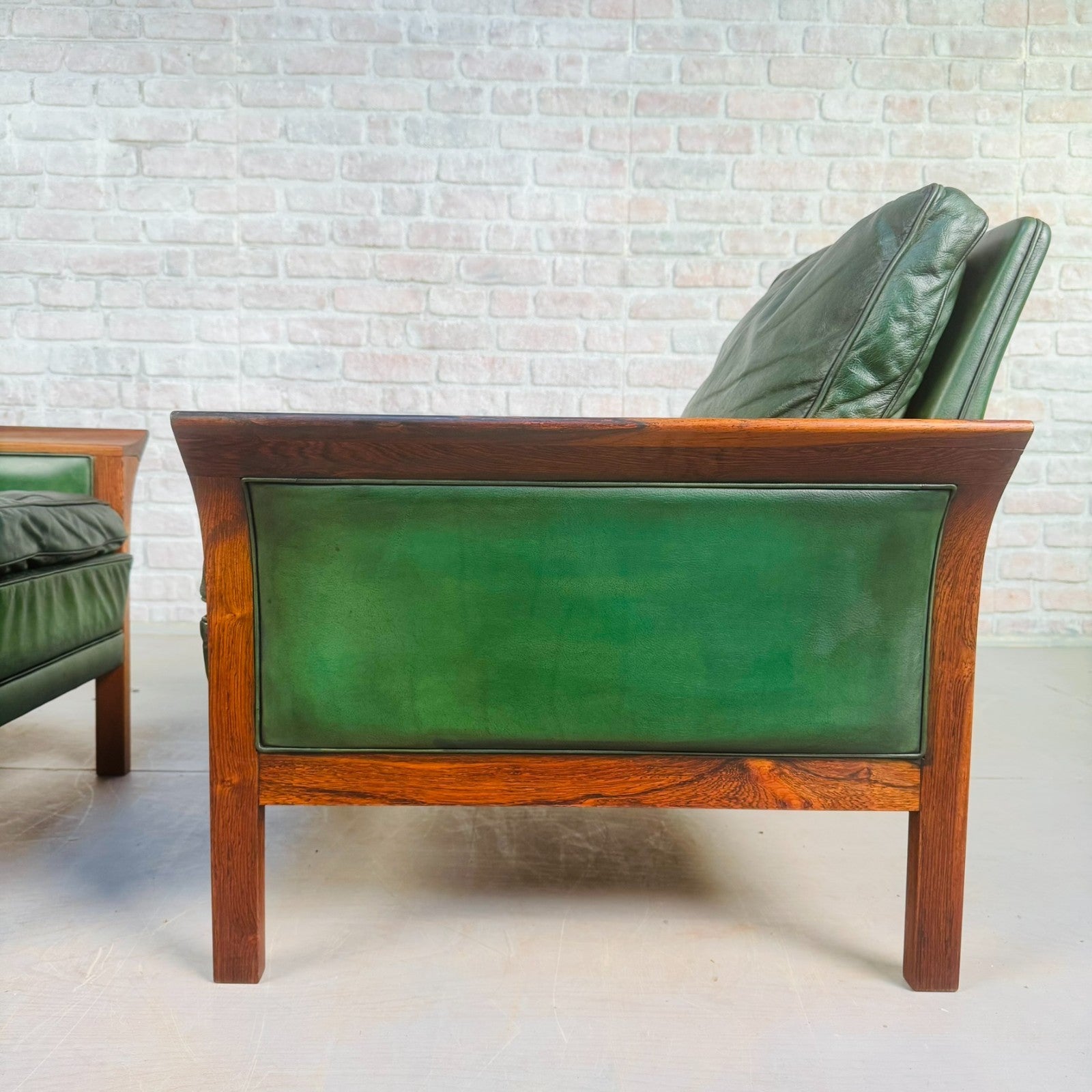 1960s Danish Green Leather Three-Seater Sofa & His & Hers Armchairs Golstrup