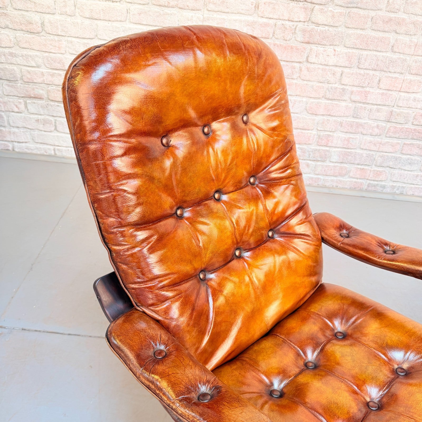 Vintage Pair Danish Tan Leather Swivel Chairs Hand Dyed Cognac Patina
