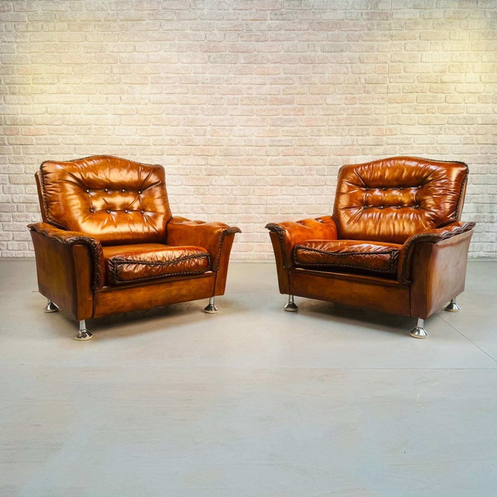 Vintage Danish Pair of Tan Leather Armchairs