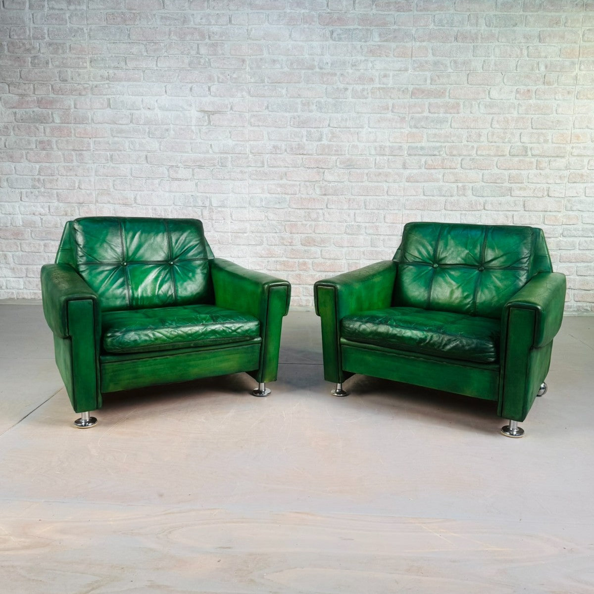 Vintage Danish Green Leather Pair of Armchairs by Svend Skipper