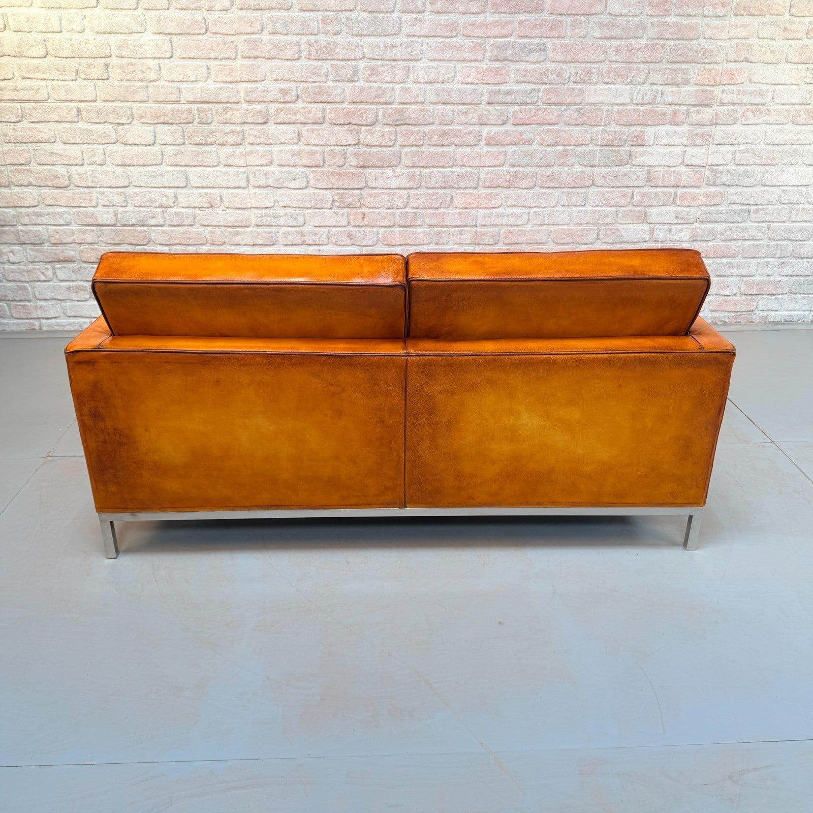 Vintage Florence Knoll Style Tan Leather Two Seater Sofa