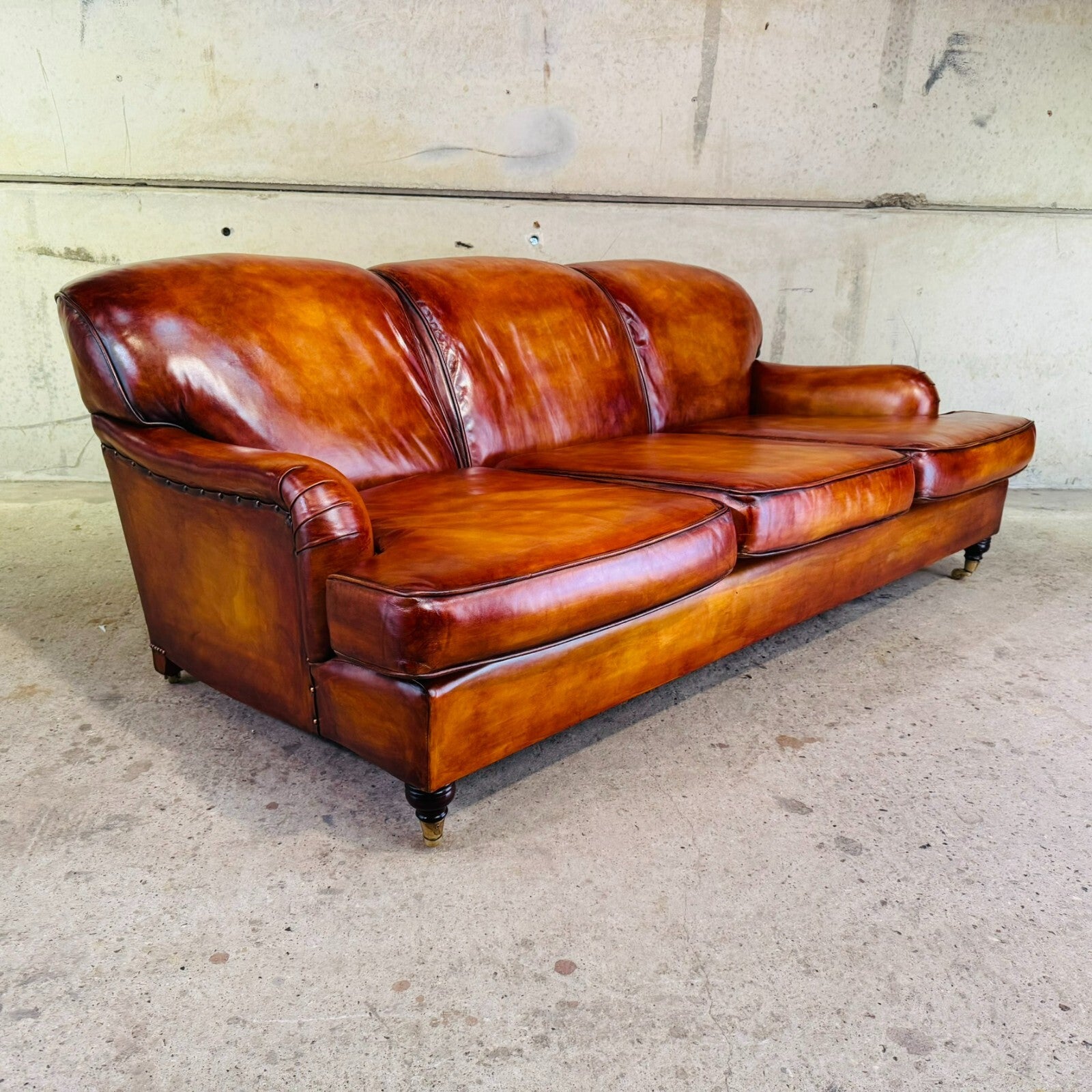 Vintage English Howard & Sons Bridgewater-Style 3-Seater Tan Leather Sofa
