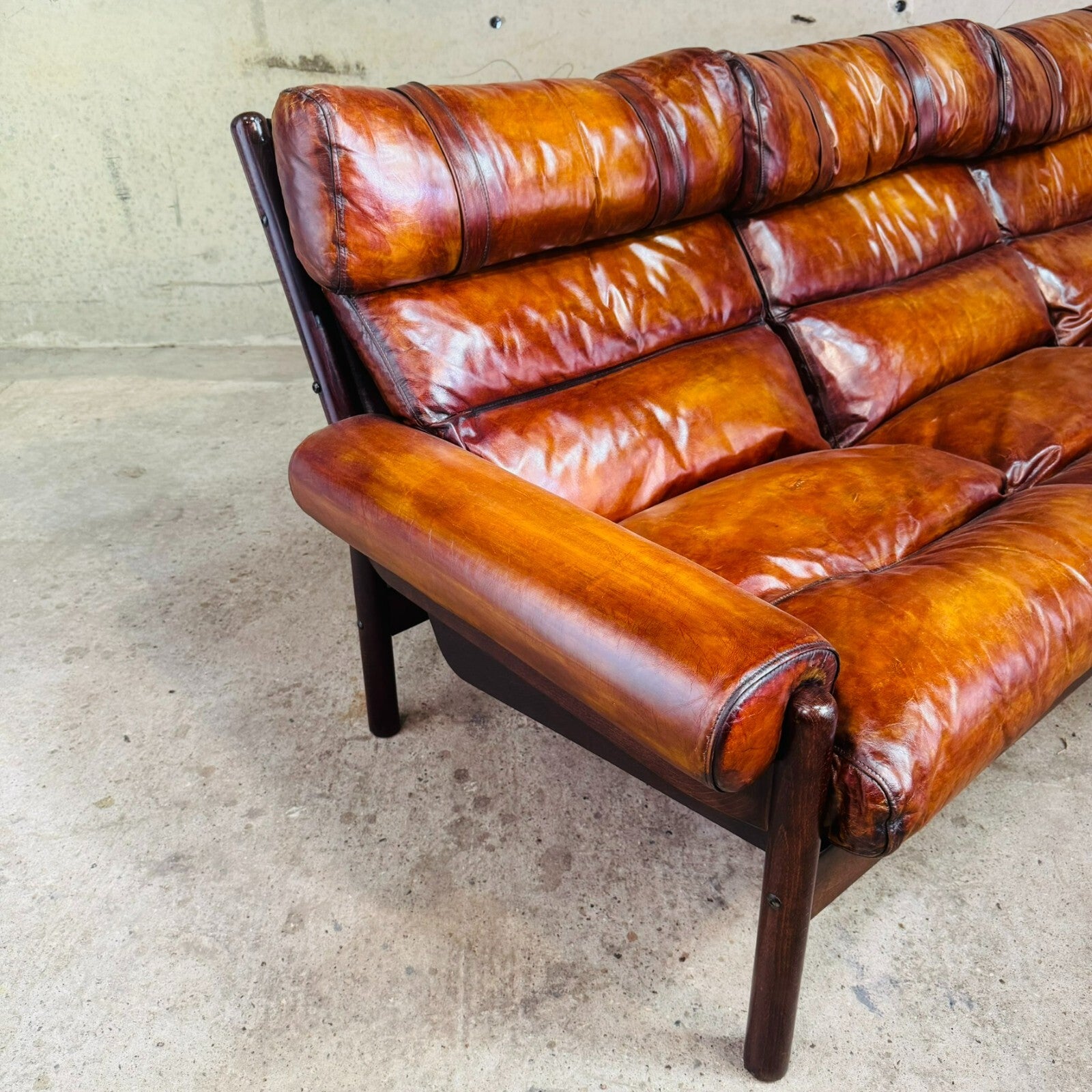 Vintage 70s Swedish Arne Norell Safari Three-Seater Tan Leather Sofa