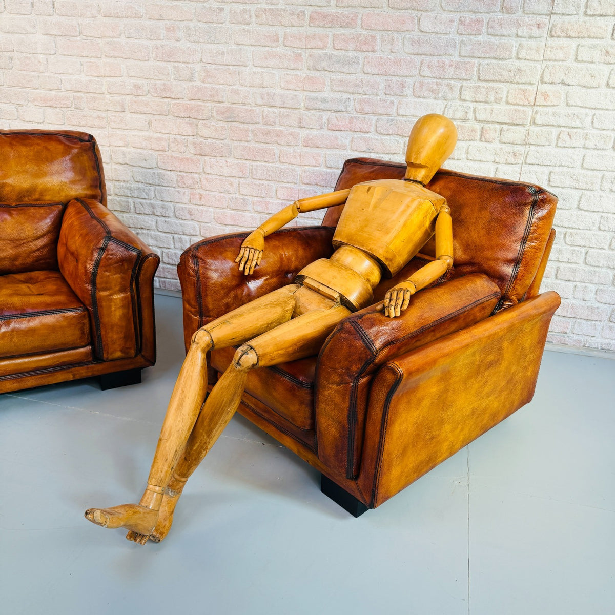 Huge Pair Vintage Roche Bobois Hand Dyed Tan Leather Armchairs